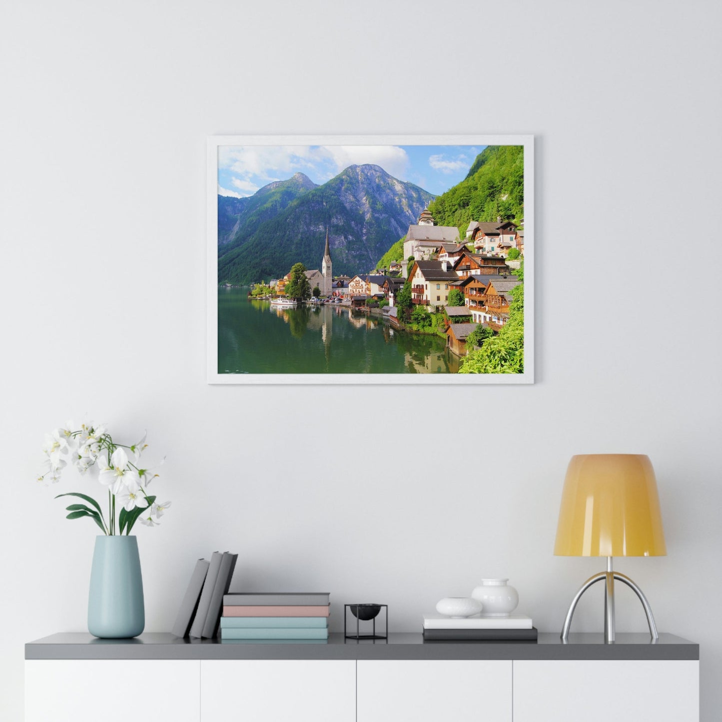 Premium Framed Horizontal - Printed in LATVIA - Famous Lake View of Hallstatt Village with the Alps behind, AUSTRIA - EUROPE - Green Forest Home