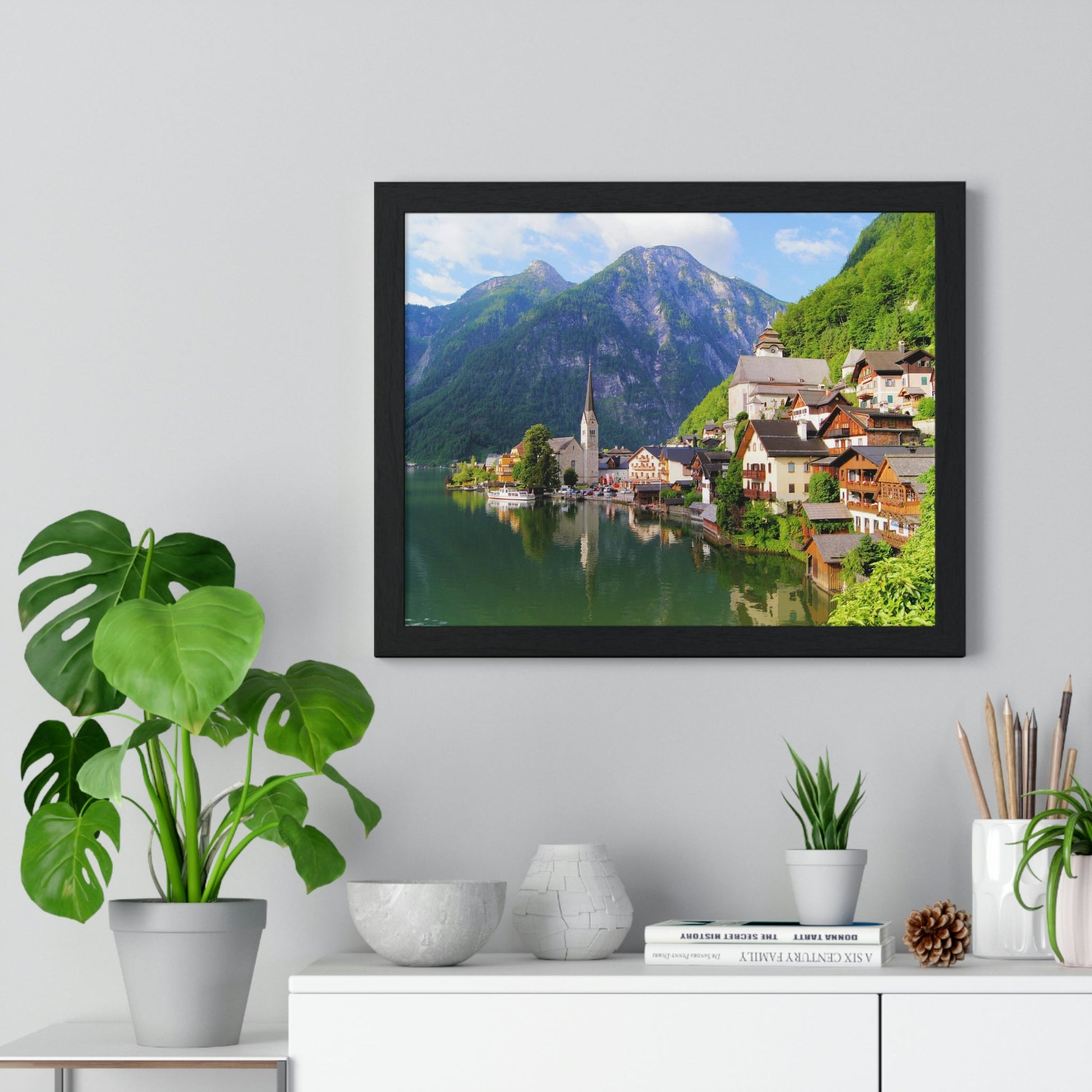 Premium Framed Horizontal - Printed in LATVIA - Famous Lake View of Hallstatt Village with the Alps behind, AUSTRIA - EUROPE - Green Forest Home