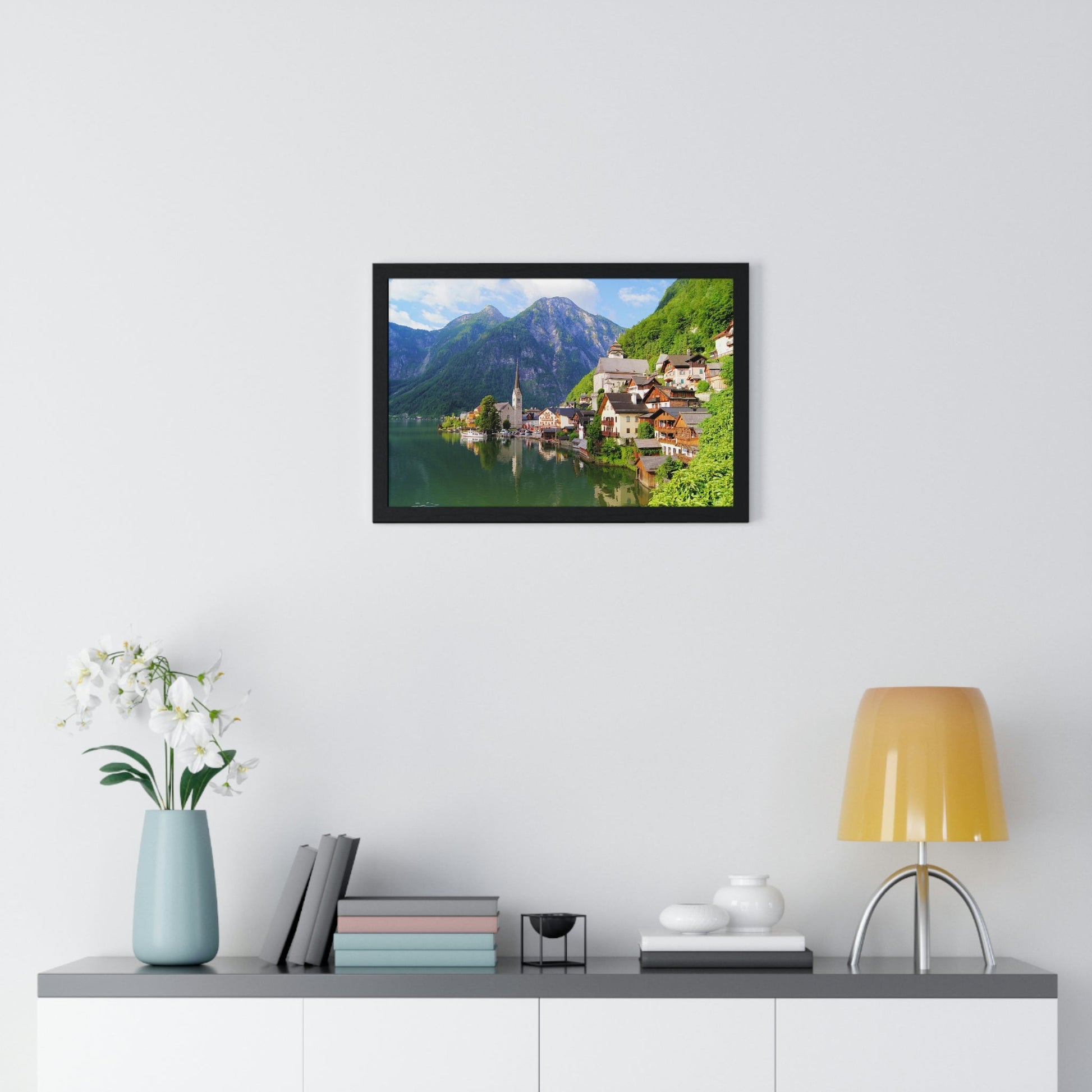 Premium Framed Horizontal - Printed in LATVIA - Famous Lake View of Hallstatt Village with the Alps behind, AUSTRIA - EUROPE - Green Forest Home