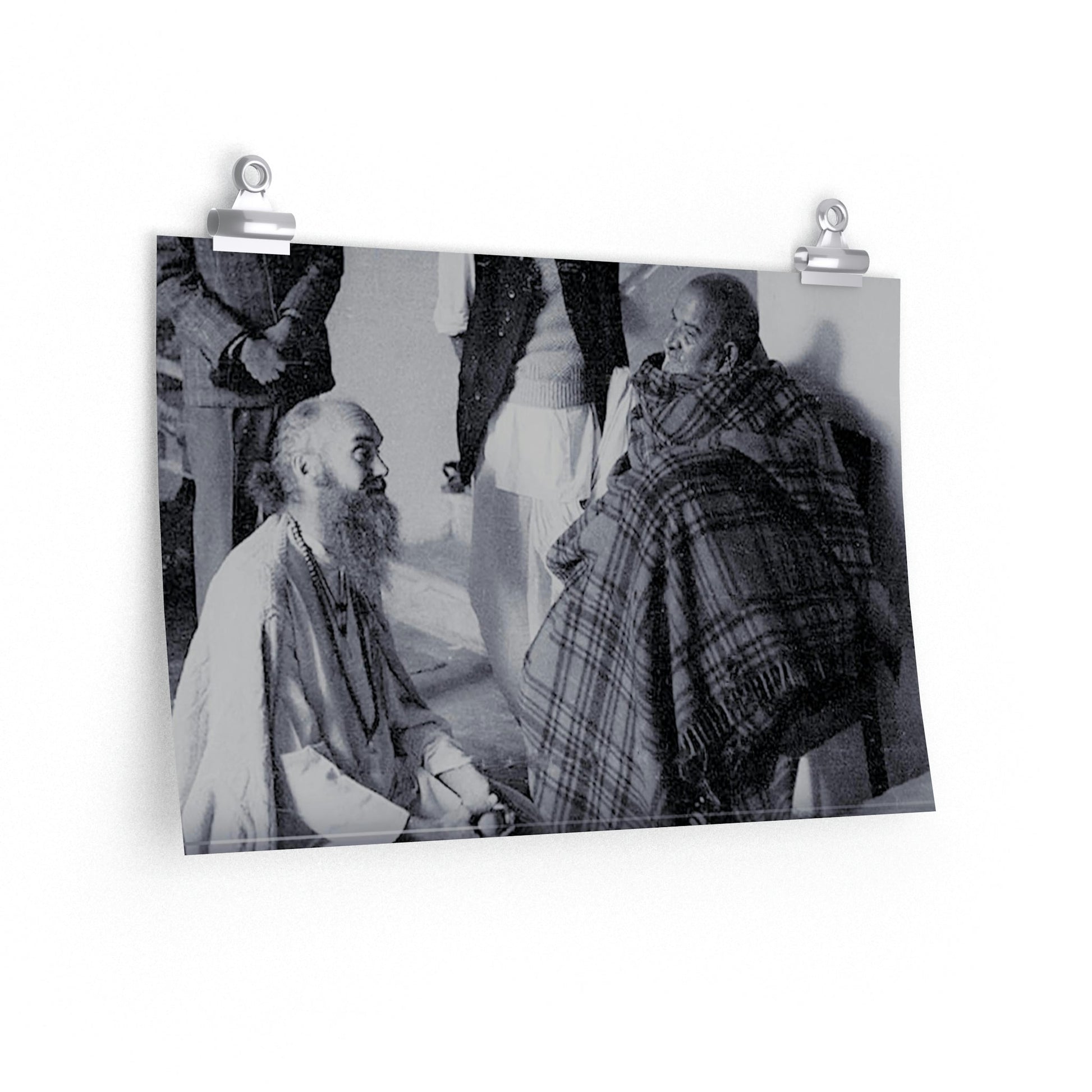 Premium Matte horizontal posters - Neem Karoli Baba Hindu Saint in ecstasy with Baba Hari Dass - B&W Image Cleaned up due to scratches - Green Forest Home