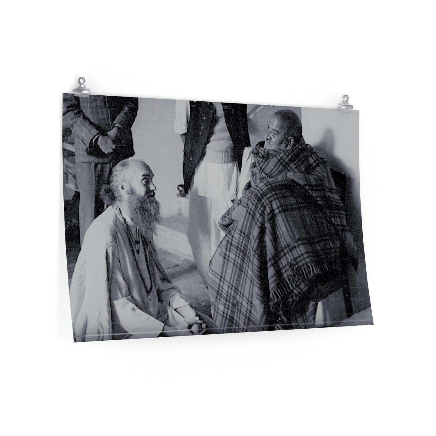 Premium Matte horizontal posters - Neem Karoli Baba Hindu Saint in ecstasy with Baba Hari Dass - B&W Image Cleaned up due to scratches - Green Forest Home