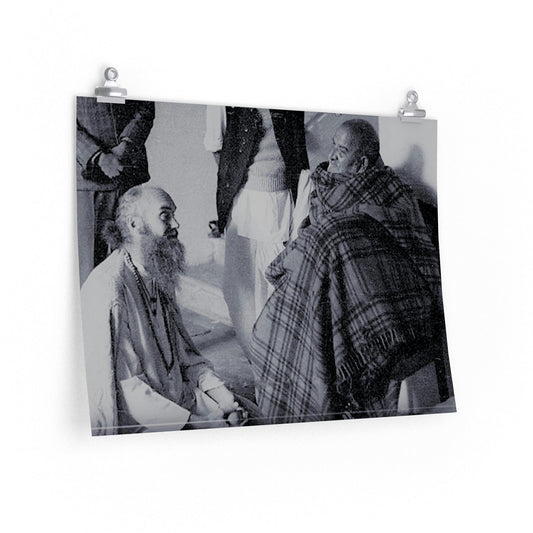 Premium Matte horizontal posters - Neem Karoli Baba Hindu Saint in ecstasy with Baba Hari Dass - B&W Image Cleaned up due to scratches - Green Forest Home