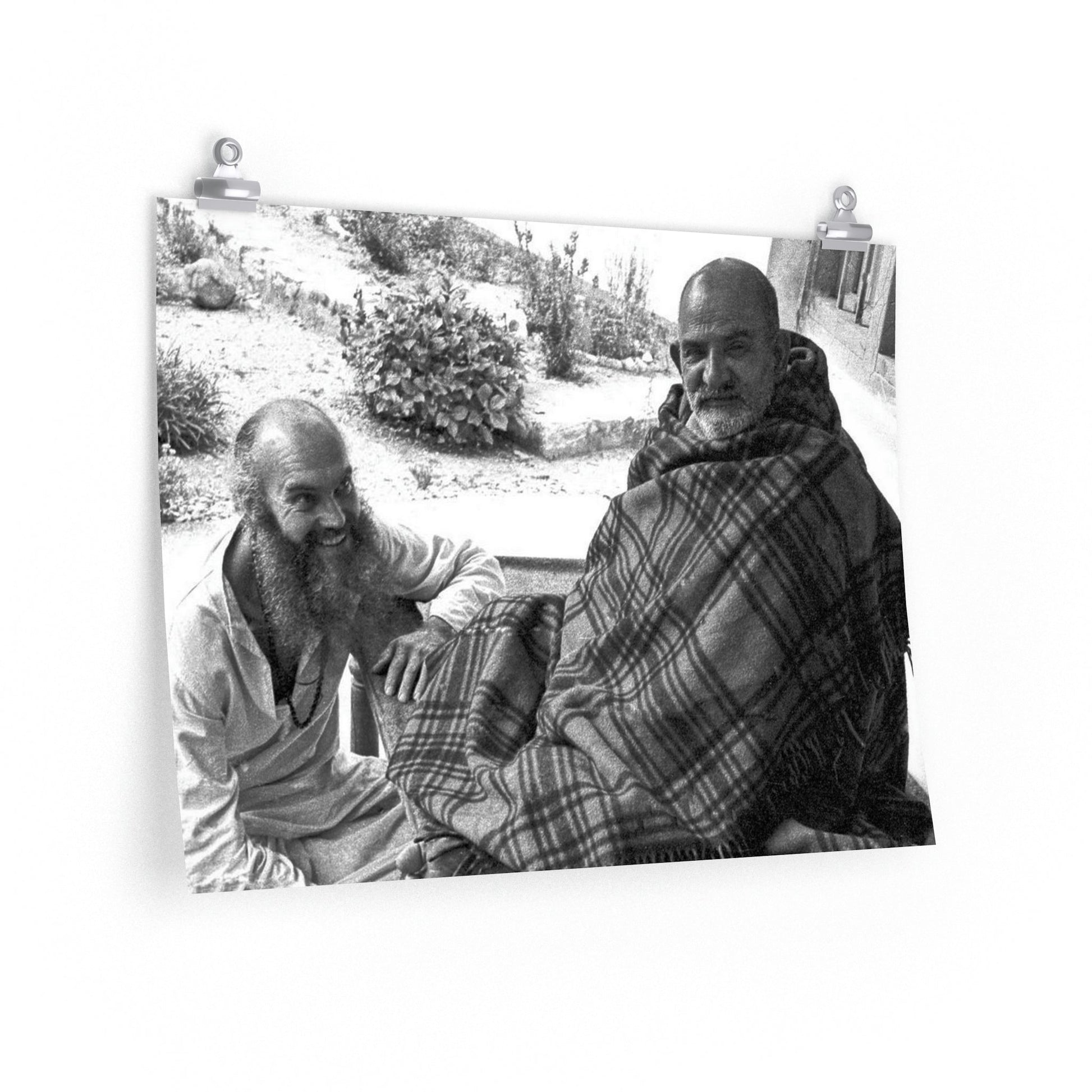 Premium Matte horizontal posters - Neem Karoli Baba Hindu Saint with Baba Hari Dass - "I don't want anything. I exist only to serve others." - Green Forest Home