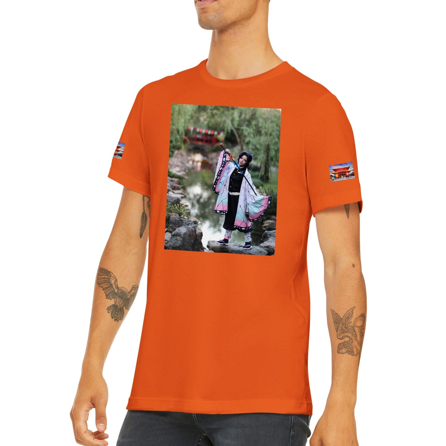 Premium Unisex Crewneck T-shirt - Amazing TS with Anime COSPLAY and Mt Fuji in back - Ashizurimisaki temple on sides, Japan - Green Forest Home