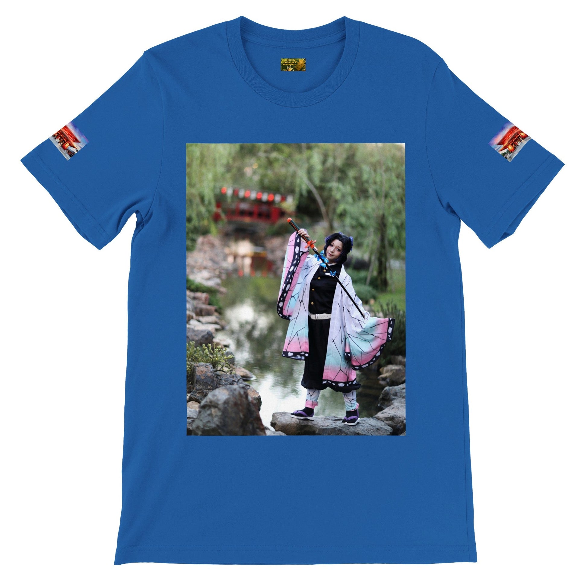 Premium Unisex Crewneck T-shirt - Amazing TS with Anime COSPLAY and Mt Fuji in back - Ashizurimisaki temple on sides, Japan - Green Forest Home