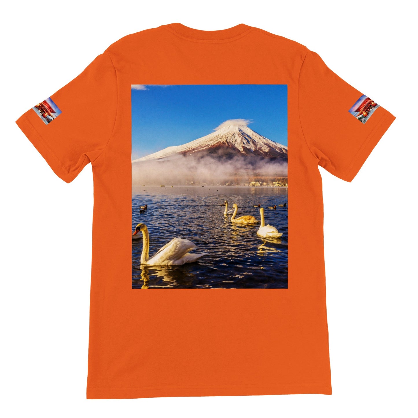 Premium Unisex Crewneck T-shirt - Amazing TS with Anime COSPLAY and Mt Fuji in back - Ashizurimisaki temple on sides, Japan - Green Forest Home