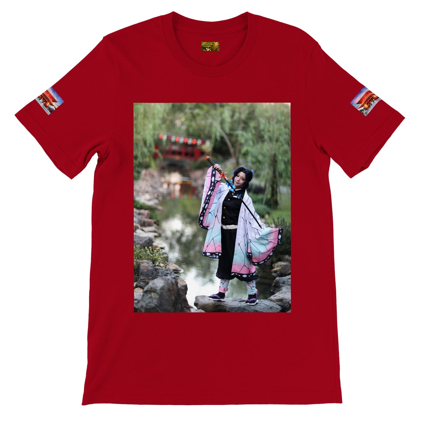 Premium Unisex Crewneck T-shirt - Amazing TS with Anime COSPLAY and Mt Fuji in back - Ashizurimisaki temple on sides, Japan - Green Forest Home