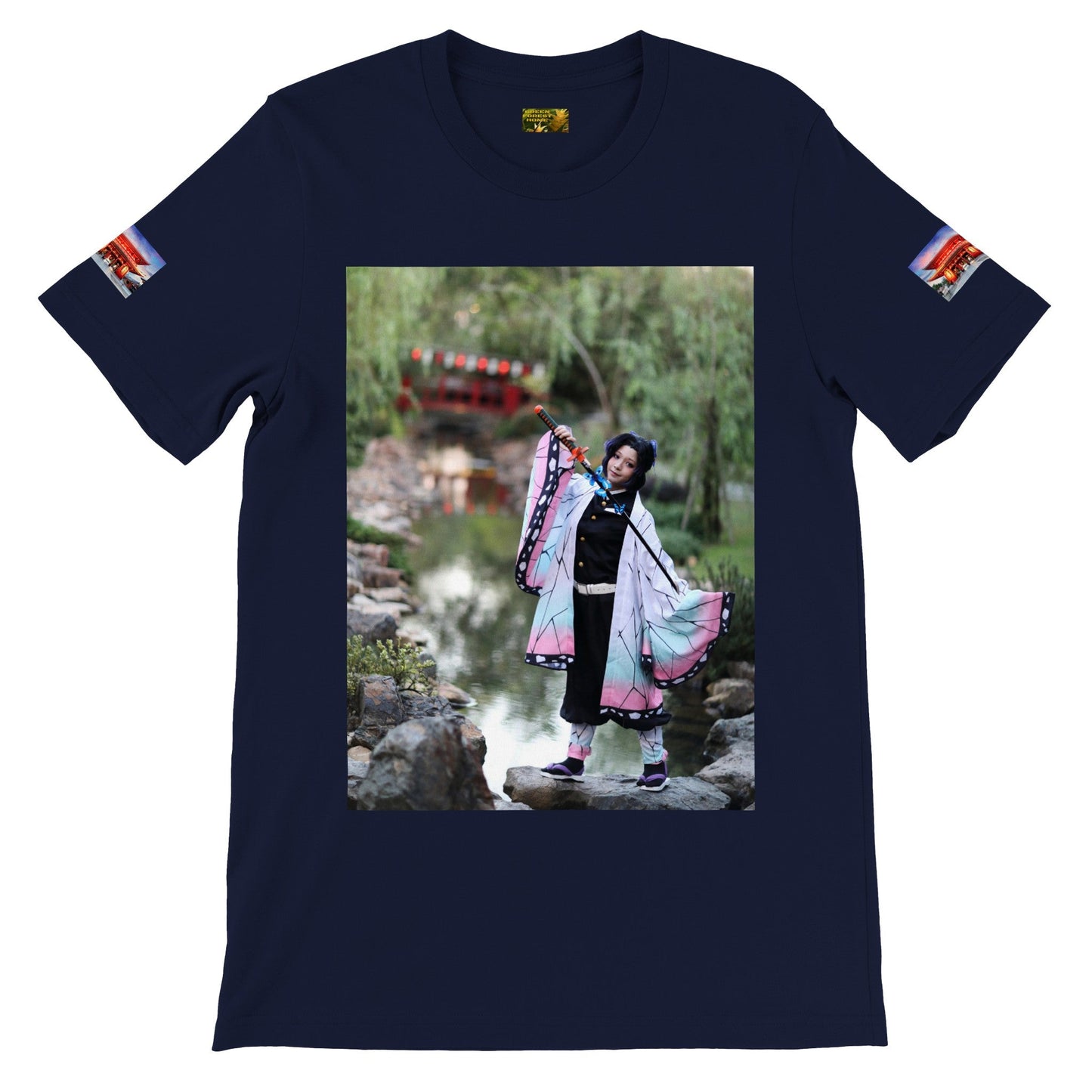 Premium Unisex Crewneck T-shirt - Amazing TS with Anime COSPLAY and Mt Fuji in back - Ashizurimisaki temple on sides, Japan - Green Forest Home