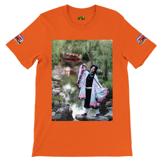 Premium Unisex Crewneck T-shirt - Amazing TS with Anime COSPLAY and Mt Fuji in back - Ashizurimisaki temple on sides, Japan - Green Forest Home