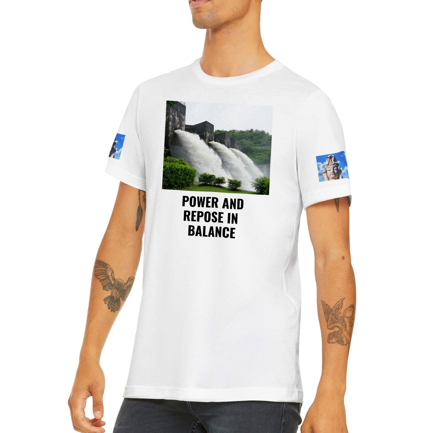 Premium Unisex Crewneck T-shirt - River Dam and 12th century The Shorin-in Buddha in back - JAPAN - Green Forest Home