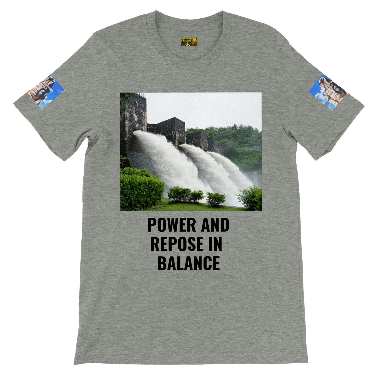 Premium Unisex Crewneck T-shirt - River Dam and 12th century The Shorin-in Buddha in back - JAPAN - Green Forest Home