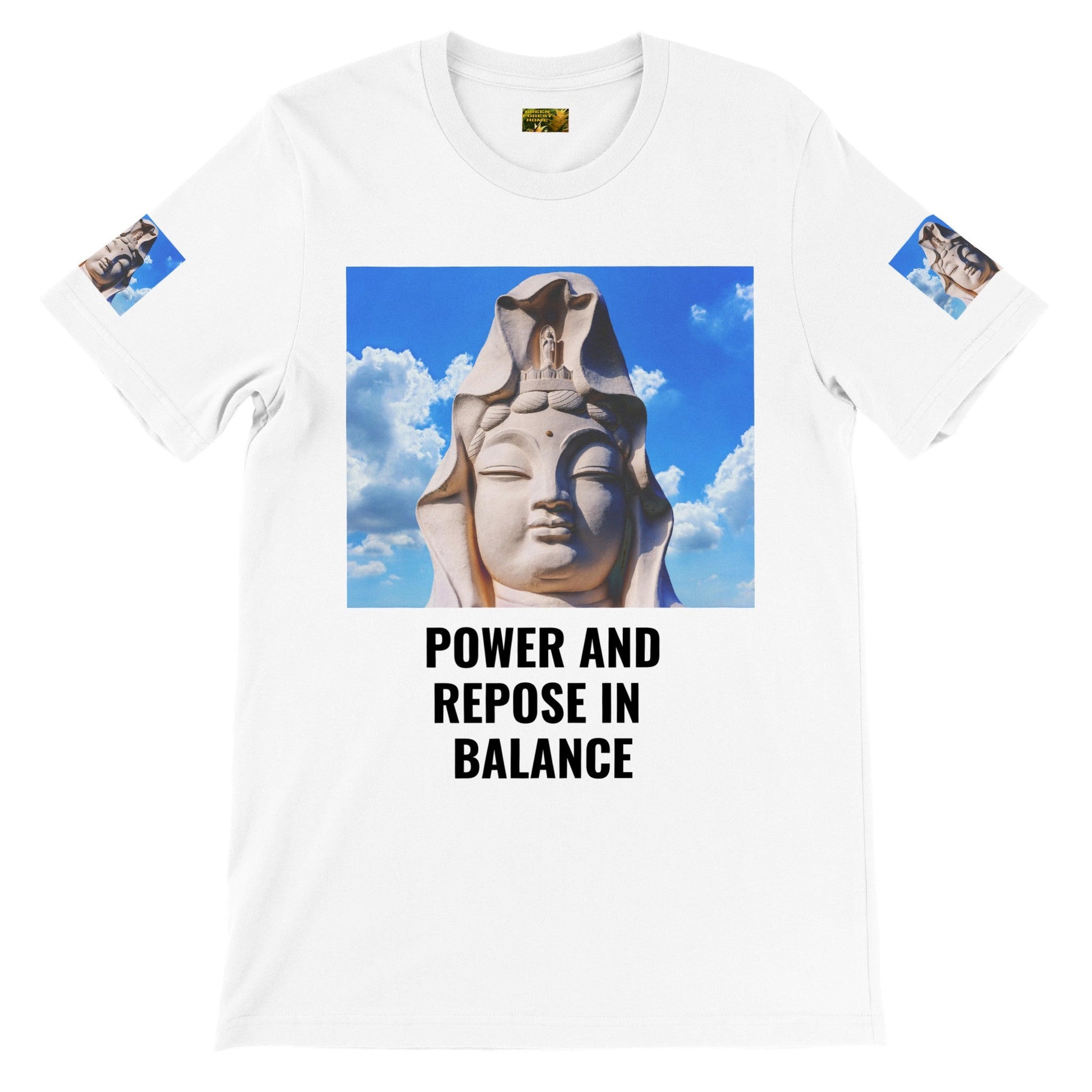 Premium Unisex Crewneck T-shirt - The Goddess of Mercy and the Reclining Buddha - JAPAN - Green Forest Home