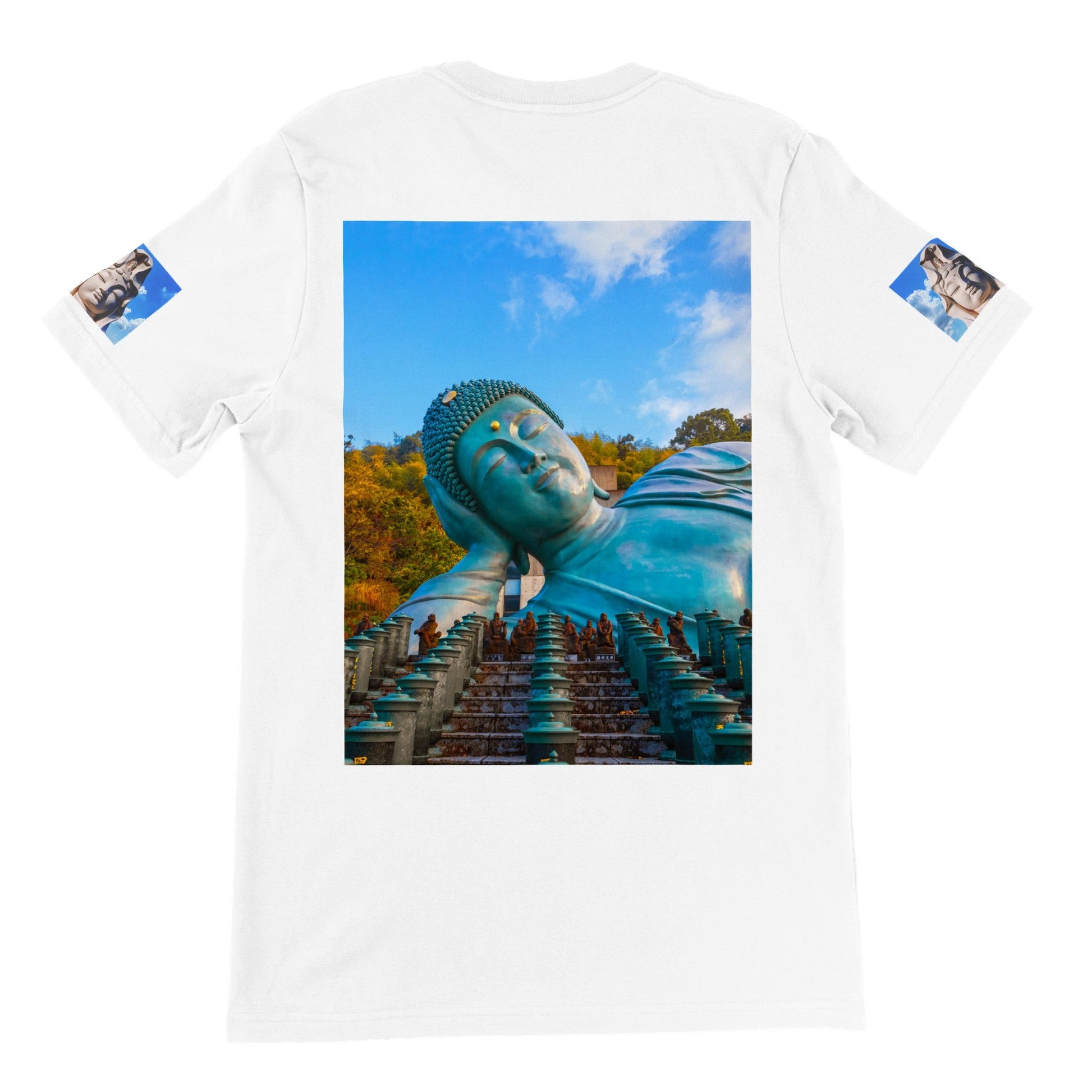 Premium Unisex Crewneck T-shirt - The Goddess of Mercy and the Reclining Buddha - JAPAN - Green Forest Home