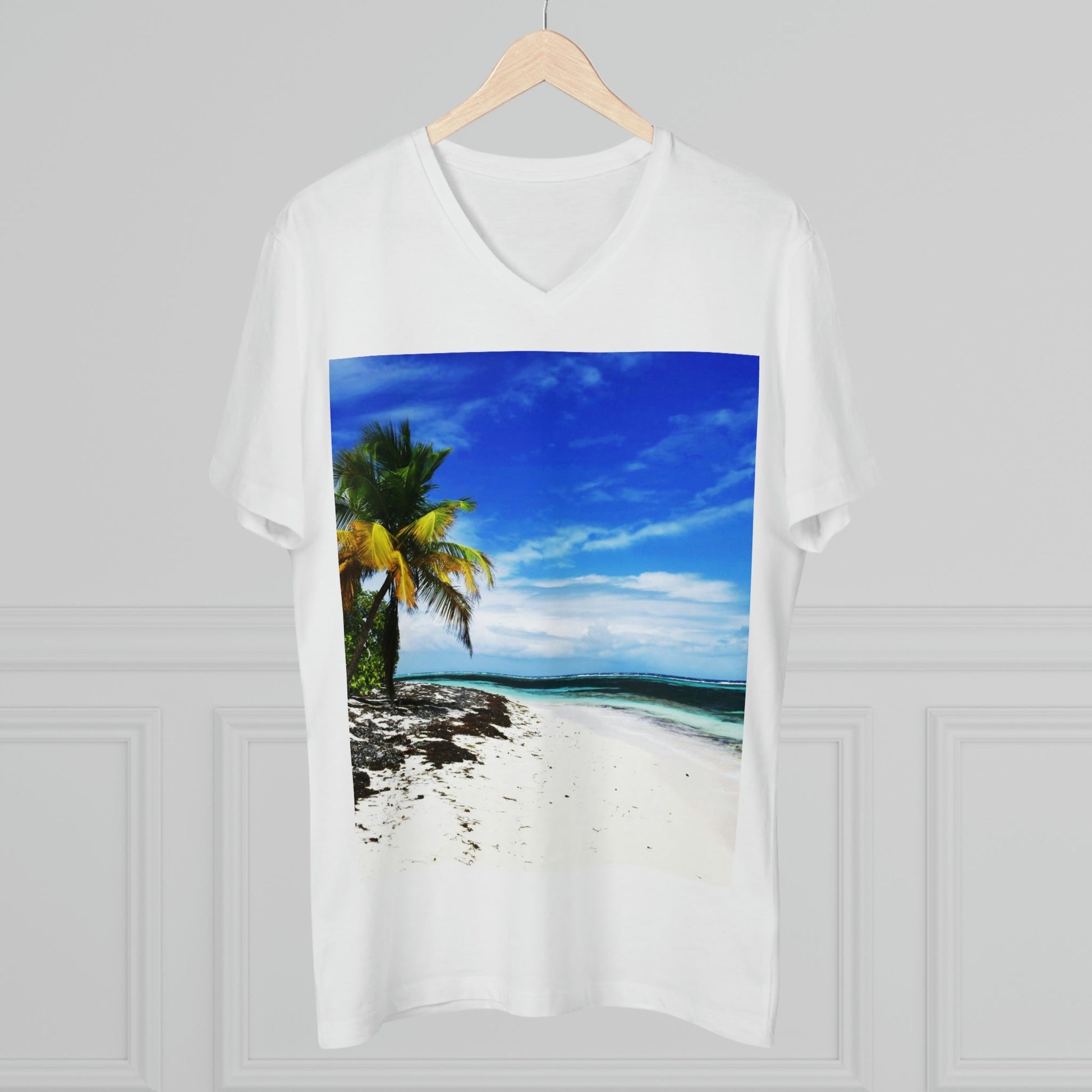 PRINTED in GERMANY for EU - Men’s Presenter V-neck - The remote ISOLATED paradise of Mona Island near Puerto Rico - Green Forest Home