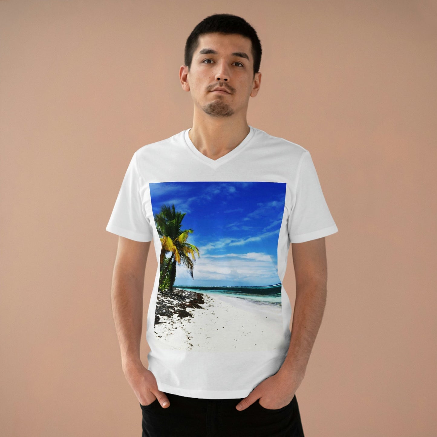 PRINTED in GERMANY for EU - Men’s Presenter V-neck - The remote ISOLATED paradise of Mona Island near Puerto Rico - Green Forest Home