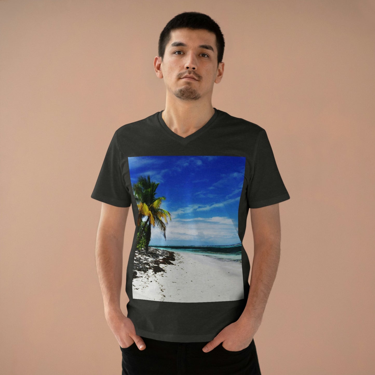 PRINTED in GERMANY for EU - Men’s Presenter V-neck - The remote ISOLATED paradise of Mona Island near Puerto Rico - Green Forest Home