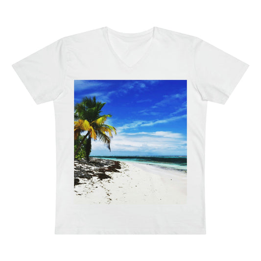 PRINTED in GERMANY for EU - Men’s Presenter V-neck - The remote ISOLATED paradise of Mona Island near Puerto Rico - Green Forest Home