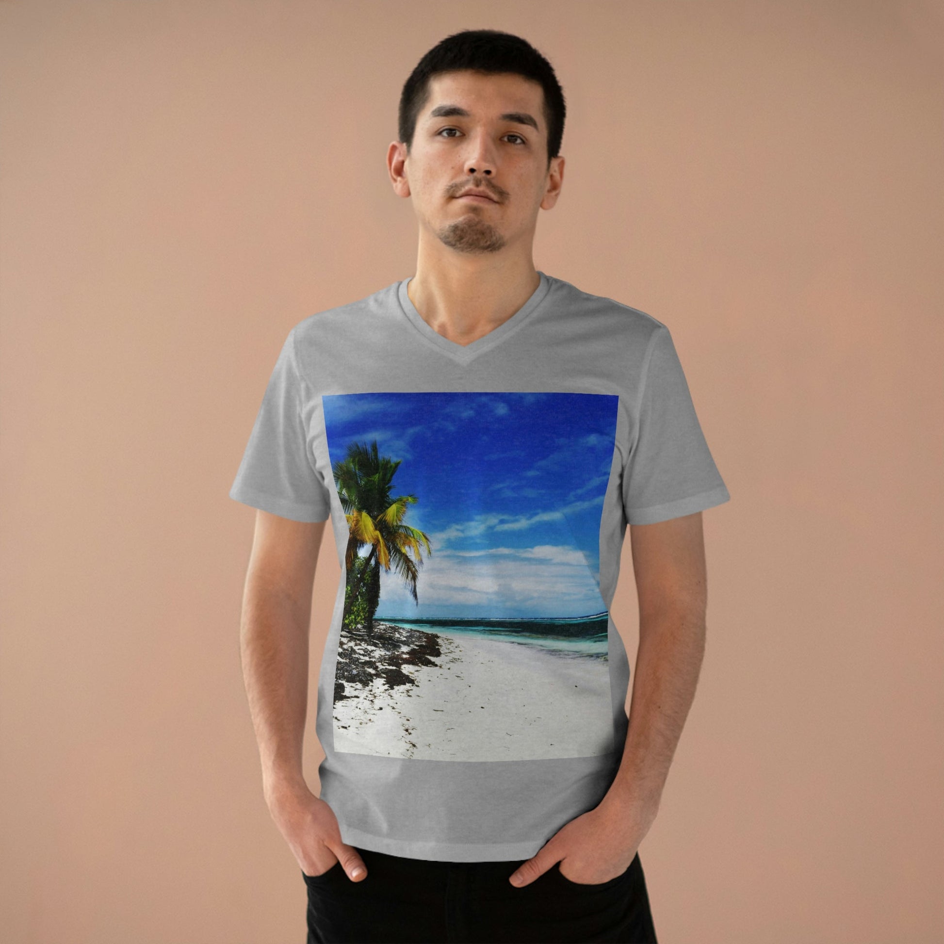 PRINTED in GERMANY for EU - Men’s Presenter V-neck - The remote ISOLATED paradise of Mona Island near Puerto Rico - Green Forest Home