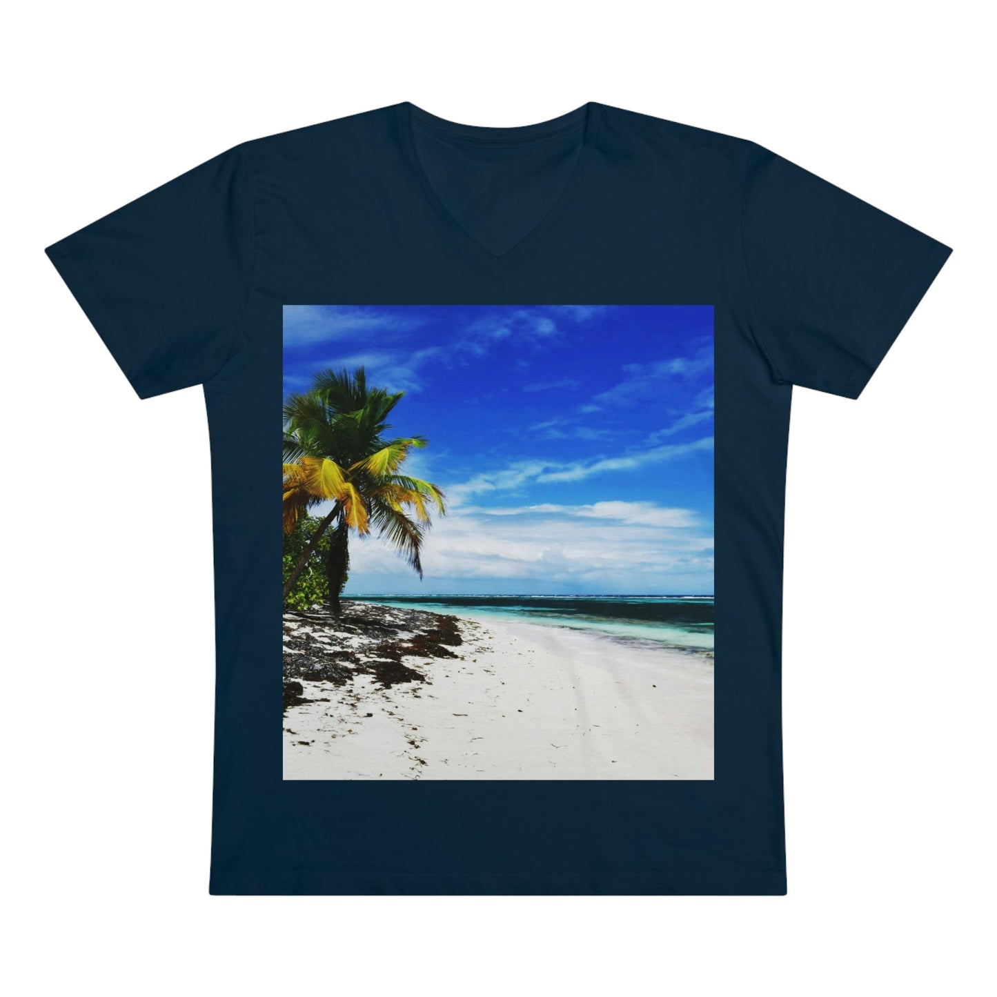 PRINTED in GERMANY for EU - Men’s Presenter V-neck - The remote ISOLATED paradise of Mona Island near Puerto Rico - Green Forest Home