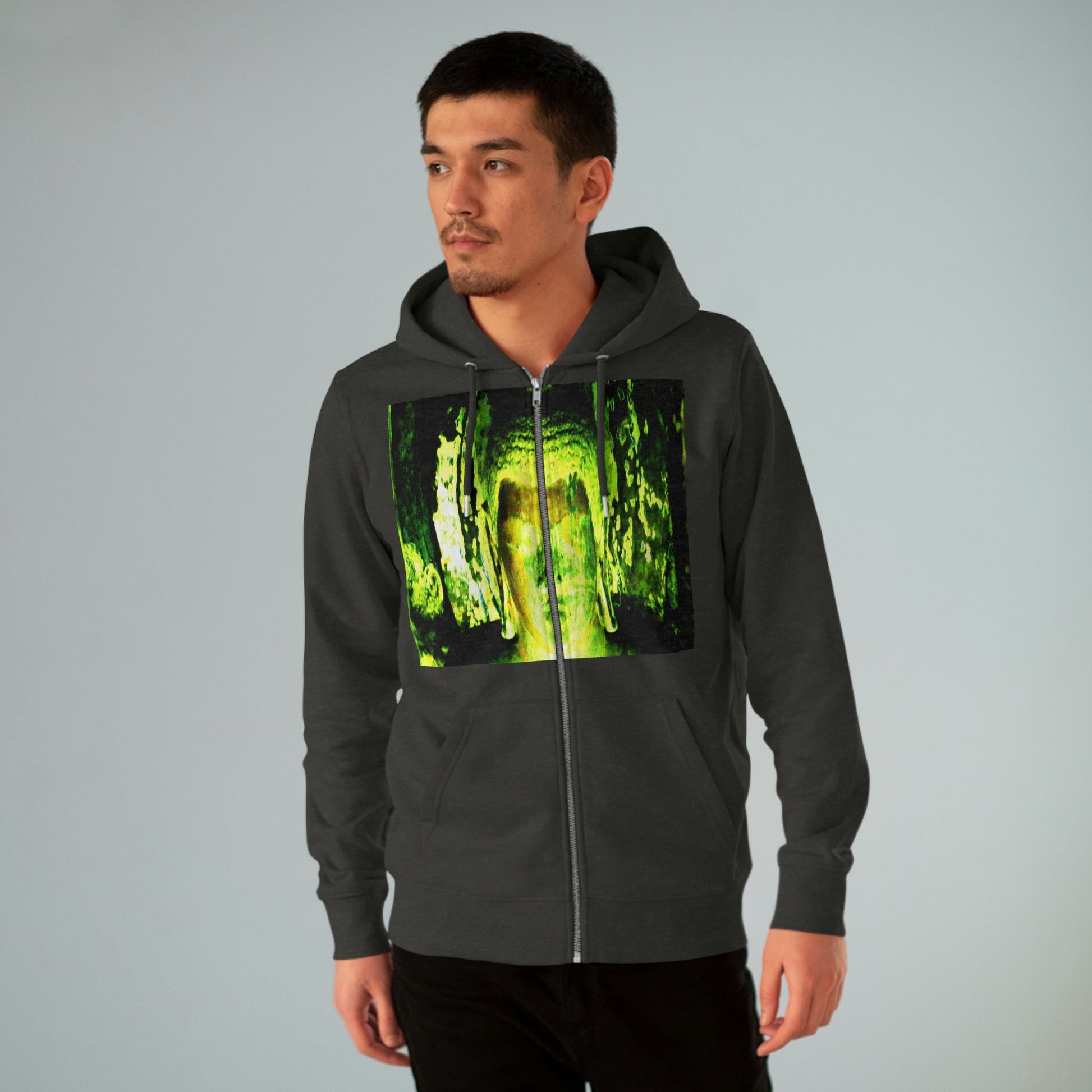 Printed in Germany - Men's Iconic Cultivator Zip Hoodie - 85% organic cotton & Heavy Fabric - eco-fashion - Buddha in Nirvana from Ajanta caves India and Thai Children Buddhis Monks - Green Forest Home