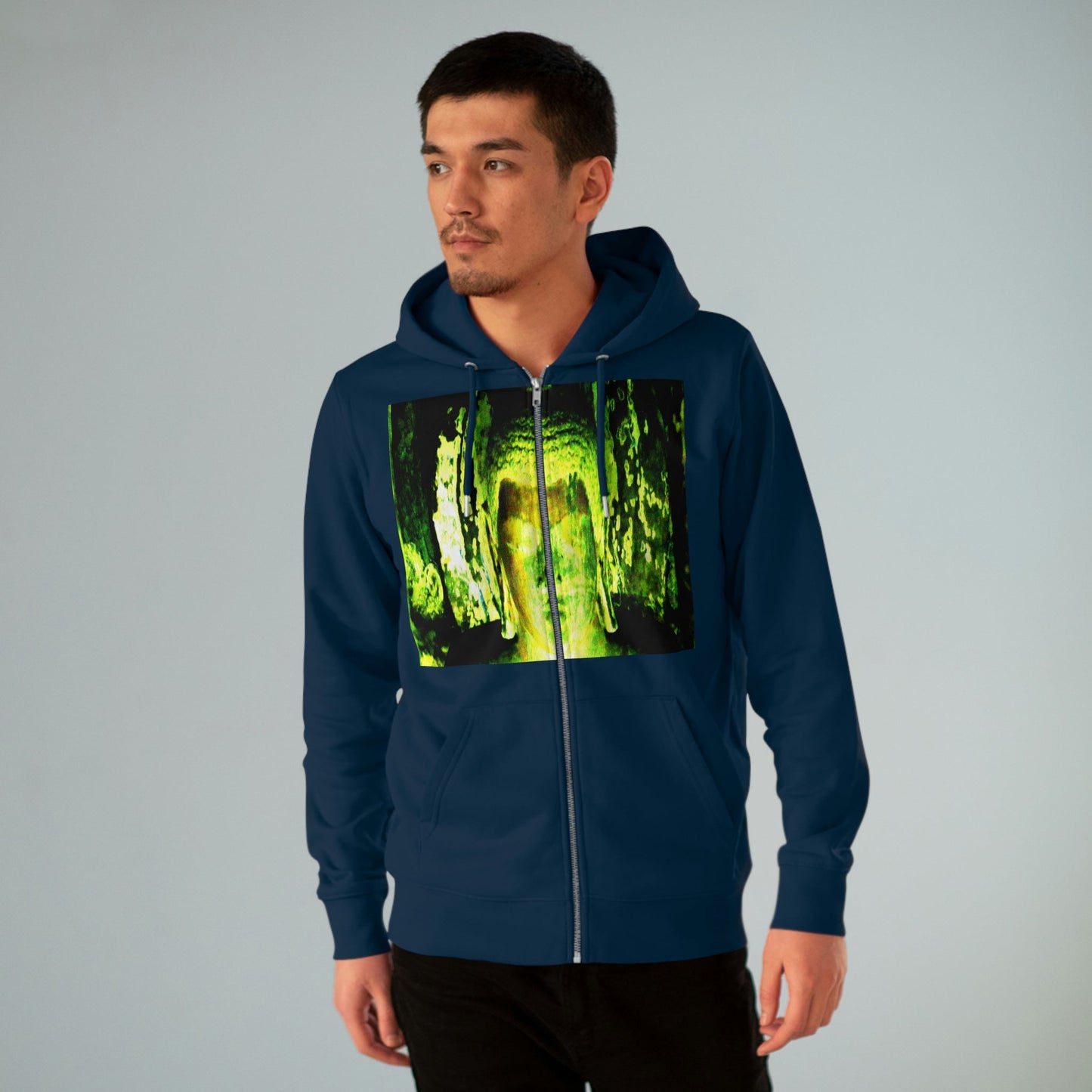 Printed in Germany - Men's Iconic Cultivator Zip Hoodie - 85% organic cotton & Heavy Fabric - eco-fashion - Buddha in Nirvana from Ajanta caves India and Thai Children Buddhis Monks - Green Forest Home