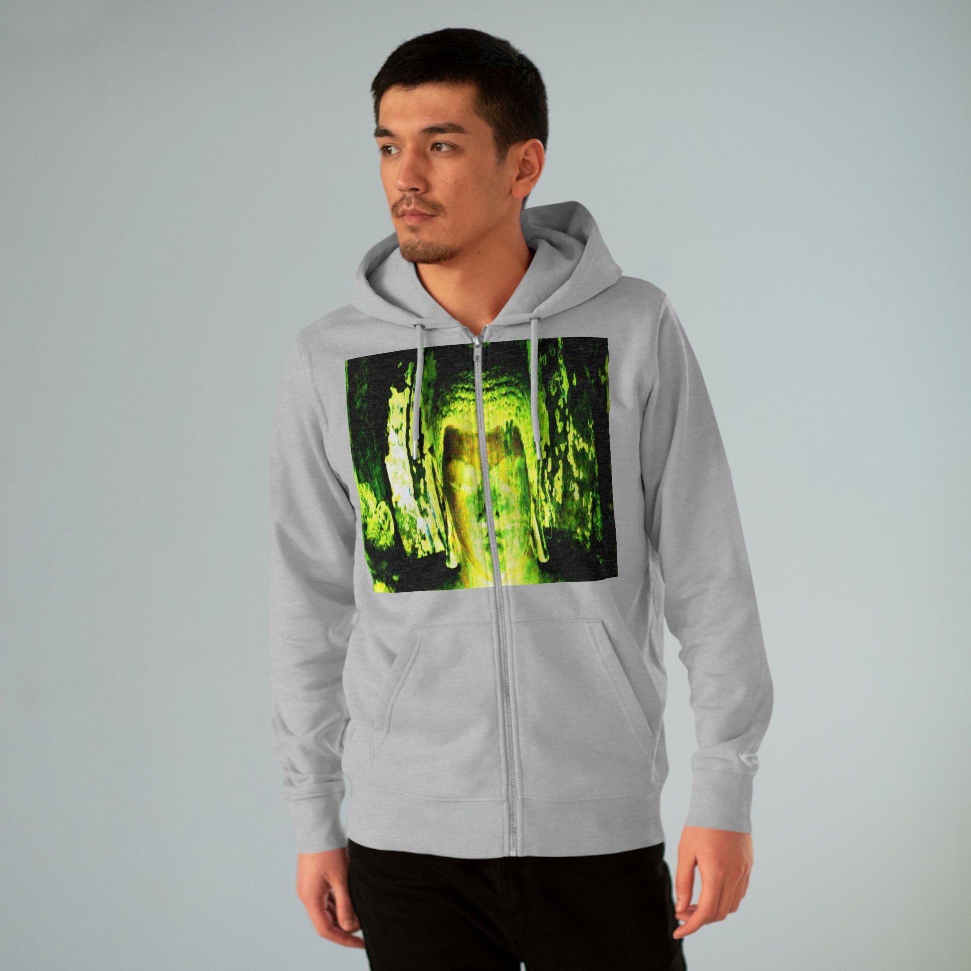 Printed in Germany - Men's Iconic Cultivator Zip Hoodie - 85% organic cotton & Heavy Fabric - eco-fashion - Buddha in Nirvana from Ajanta caves India and Thai Children Buddhis Monks - Green Forest Home