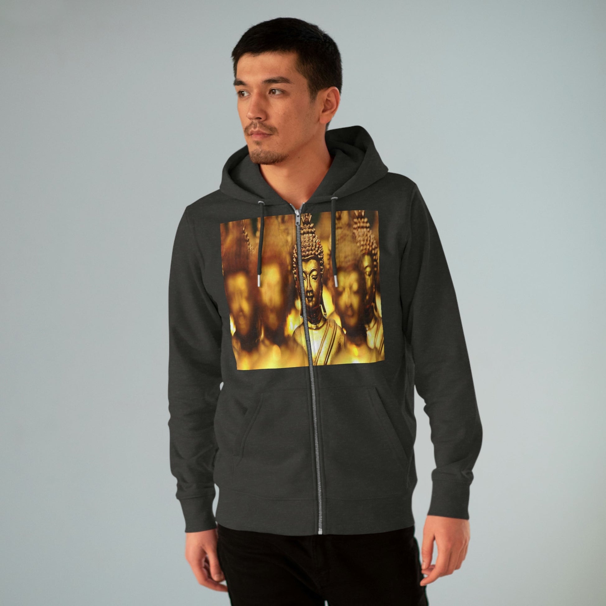 Printed in Germany - Men's Iconic Cultivator Zip Hoodie - 85% organic cotton & Heavy Fabric - eco-fashion - Buddhas/ Tara Compassion - Thai statues and Tara image from Smithonian WA DC 😇 - Green Forest Home