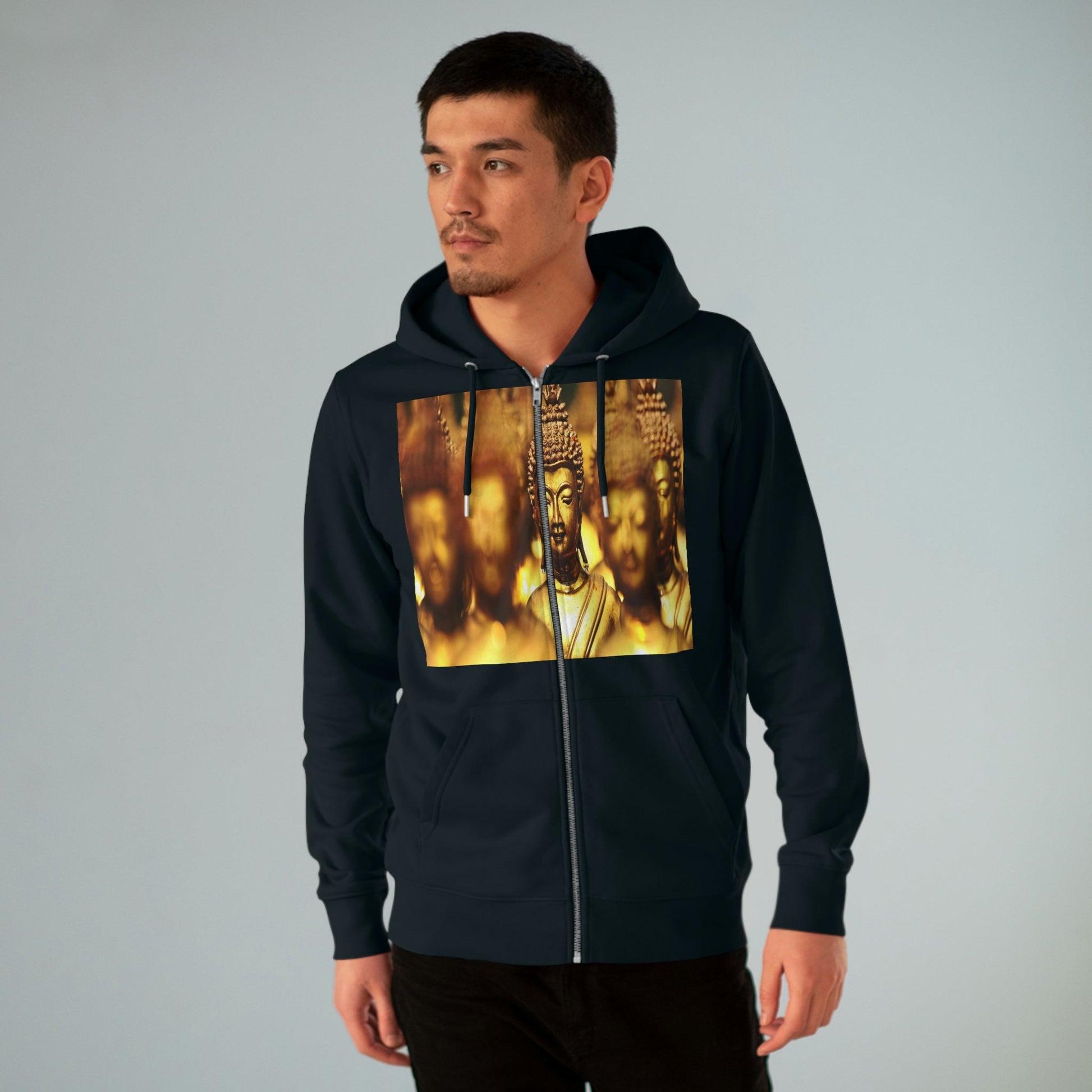 Printed in Germany - Men's Iconic Cultivator Zip Hoodie - 85% organic cotton & Heavy Fabric - eco-fashion - Buddhas/ Tara Compassion - Thai statues and Tara image from Smithonian WA DC 😇 - Green Forest Home