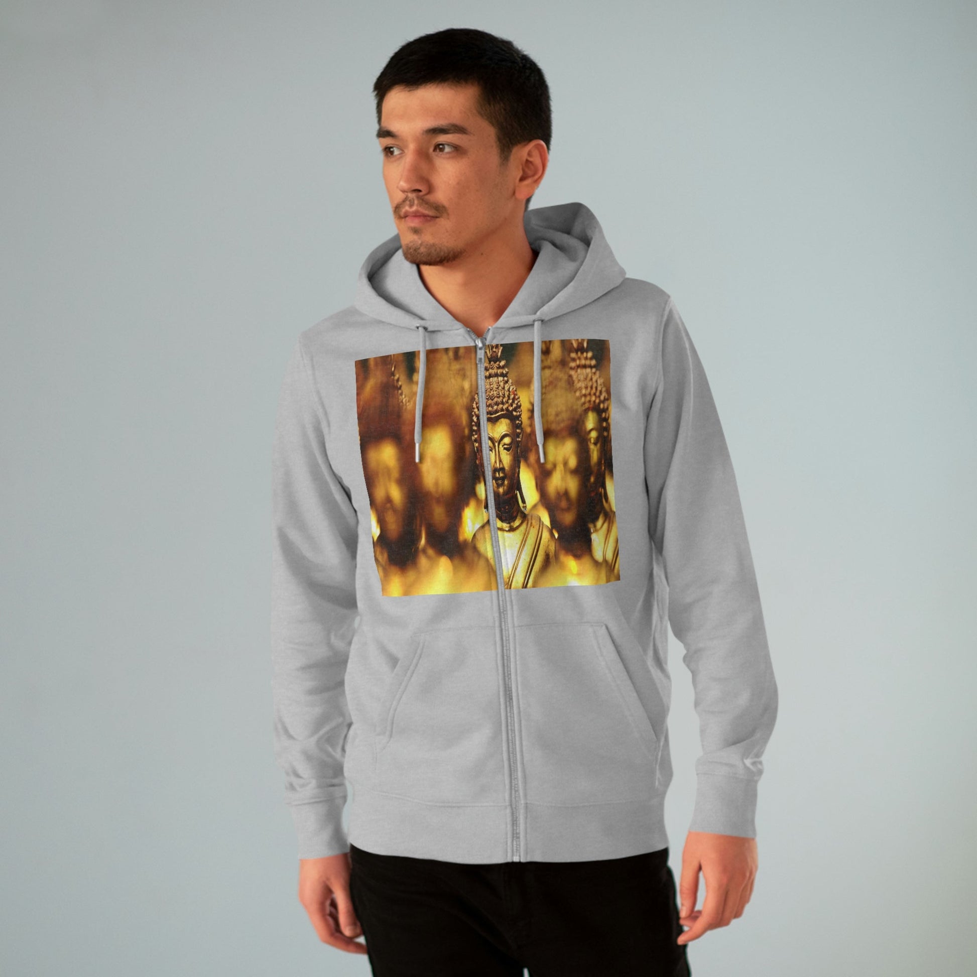 Printed in Germany - Men's Iconic Cultivator Zip Hoodie - 85% organic cotton & Heavy Fabric - eco-fashion - Buddhas/ Tara Compassion - Thai statues and Tara image from Smithonian WA DC 😇 - Green Forest Home