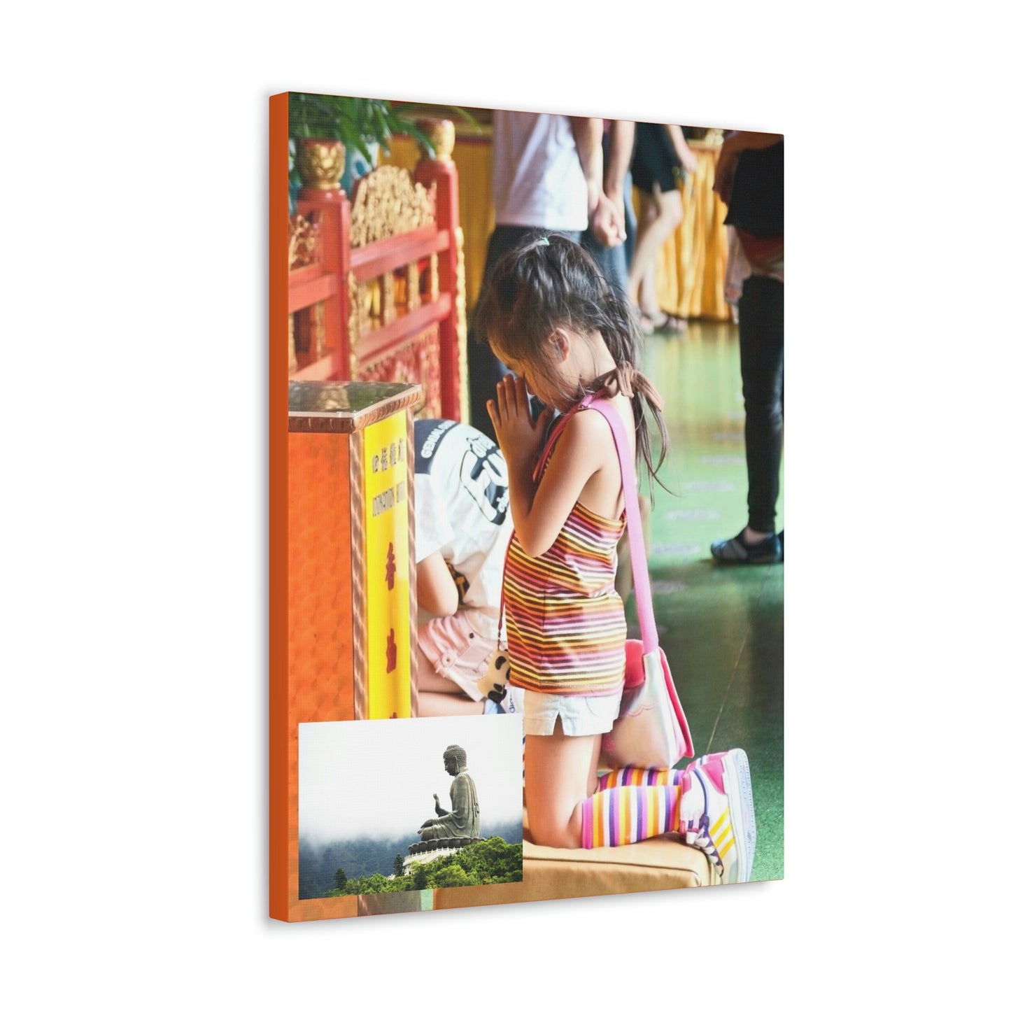 Printed in USA - Canvas Gallery Wraps - A little girl kneels for prayer at the Big Buddha complex in Hong Kong Lantau Island - Buddhism - Green Forest Home