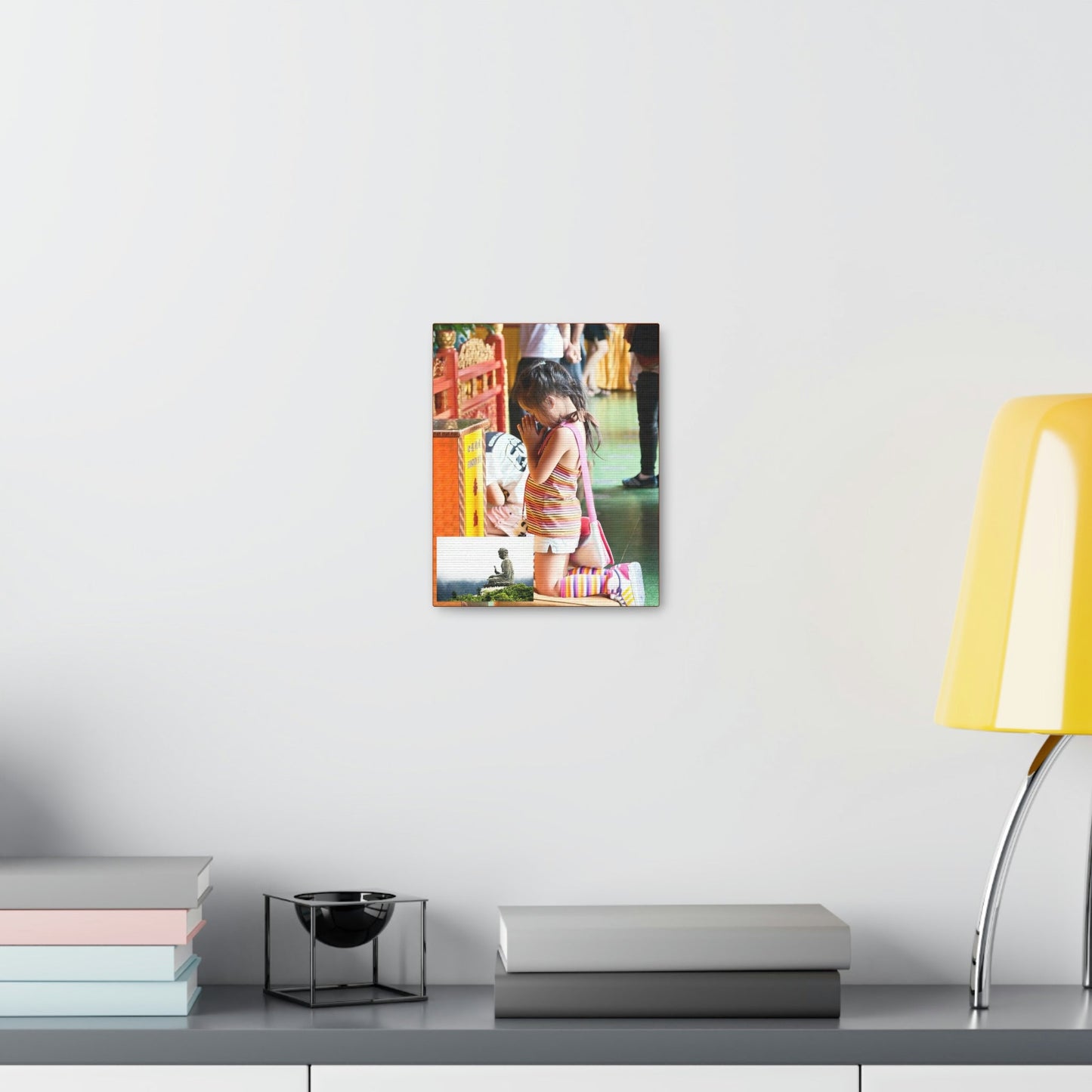 Printed in USA - Canvas Gallery Wraps - A little girl kneels for prayer at the Big Buddha complex in Hong Kong Lantau Island - Buddhism - Green Forest Home