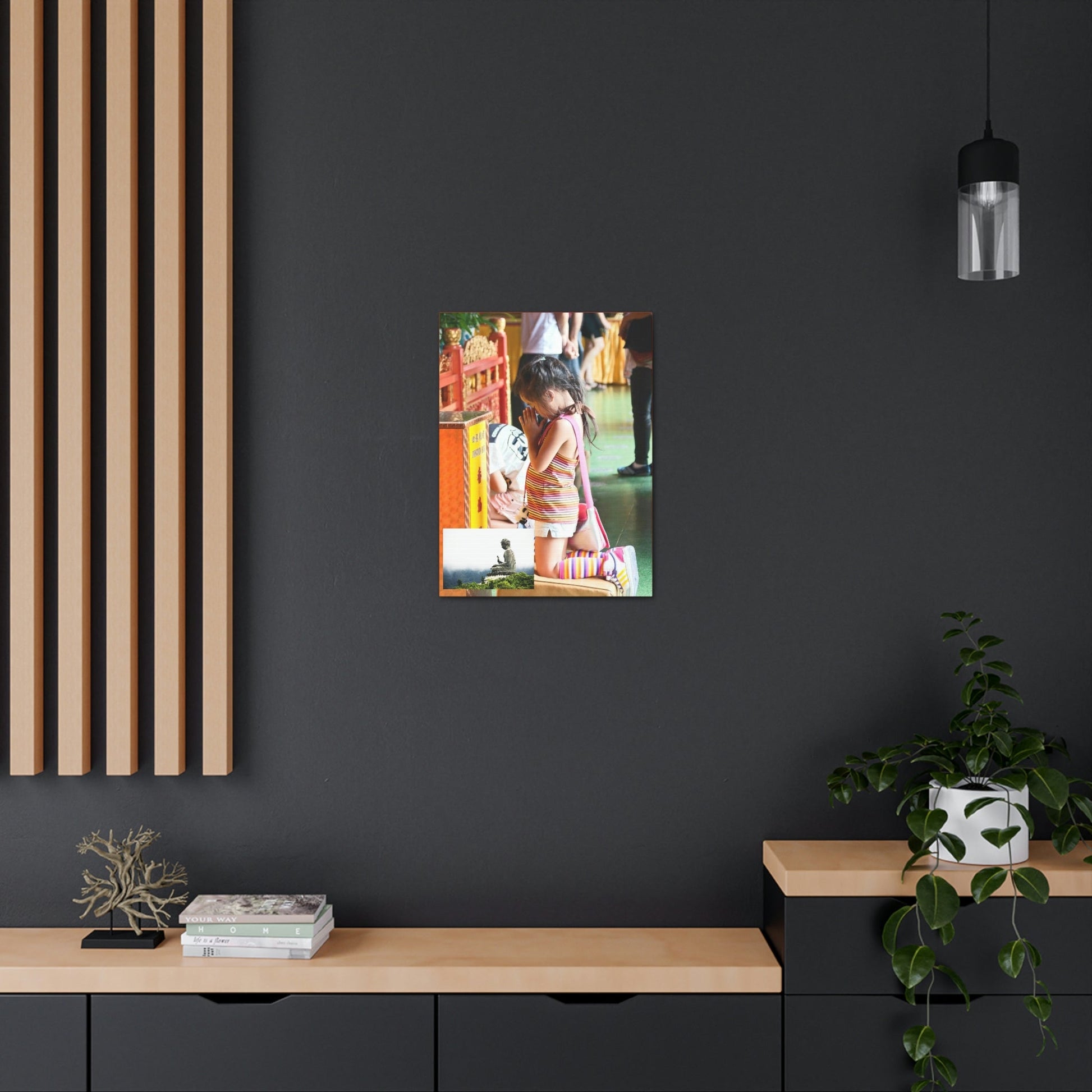 Printed in USA - Canvas Gallery Wraps - A little girl kneels for prayer at the Big Buddha complex in Hong Kong Lantau Island - Buddhism - Green Forest Home