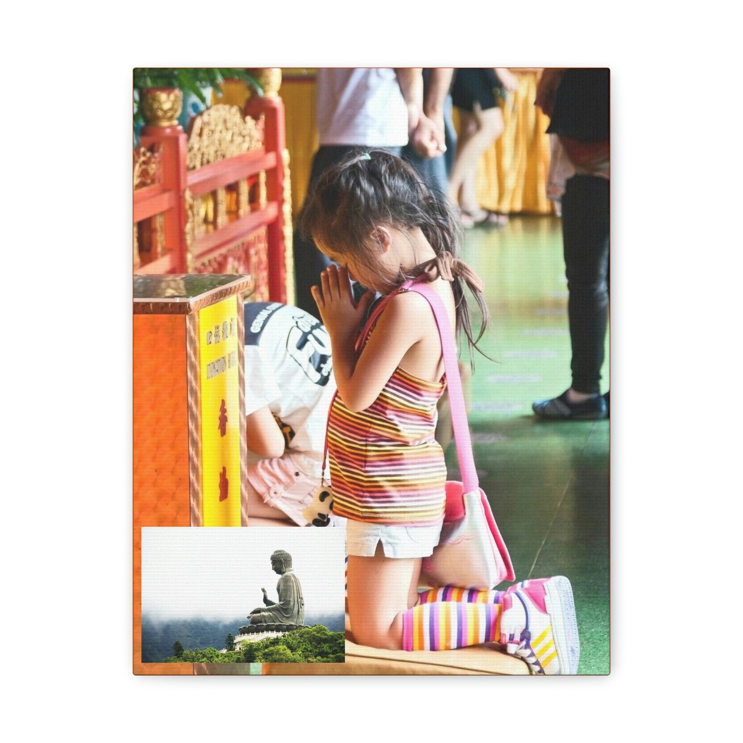 Printed in USA - Canvas Gallery Wraps - A little girl kneels for prayer at the Big Buddha complex in Hong Kong Lantau Island - Buddhism - Green Forest Home