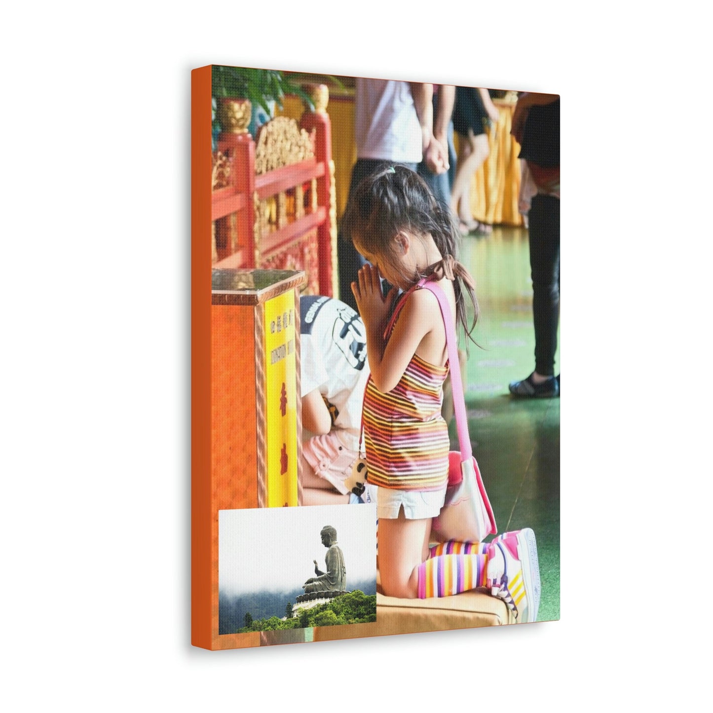 Printed in USA - Canvas Gallery Wraps - A little girl kneels for prayer at the Big Buddha complex in Hong Kong Lantau Island - Buddhism - Green Forest Home