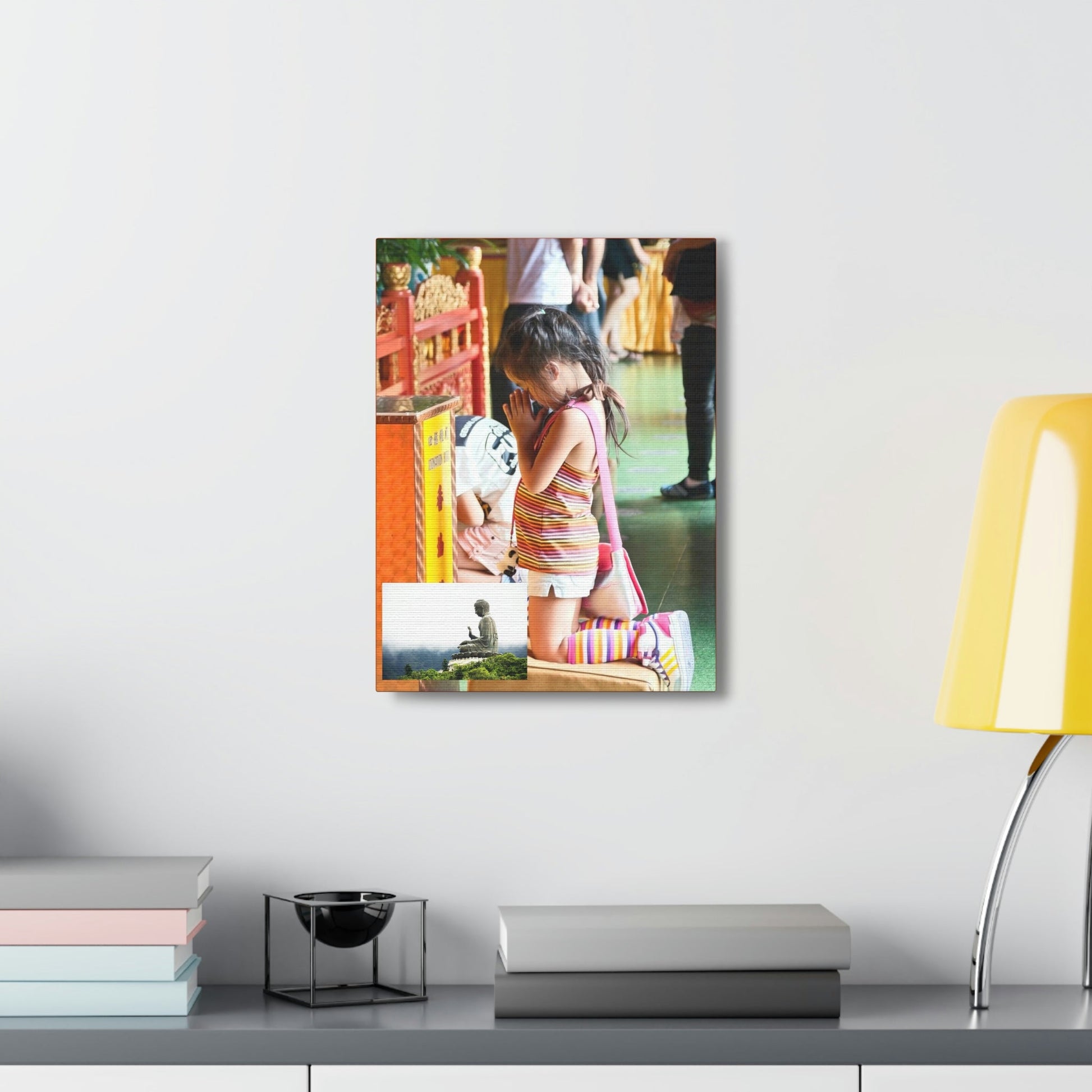 Printed in USA - Canvas Gallery Wraps - A little girl kneels for prayer at the Big Buddha complex in Hong Kong Lantau Island - Buddhism - Green Forest Home