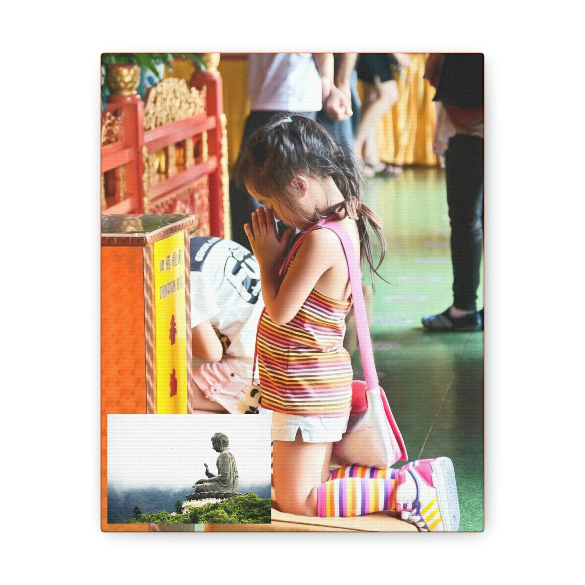 Printed in USA - Canvas Gallery Wraps - A little girl kneels for prayer at the Big Buddha complex in Hong Kong Lantau Island - Buddhism - Green Forest Home