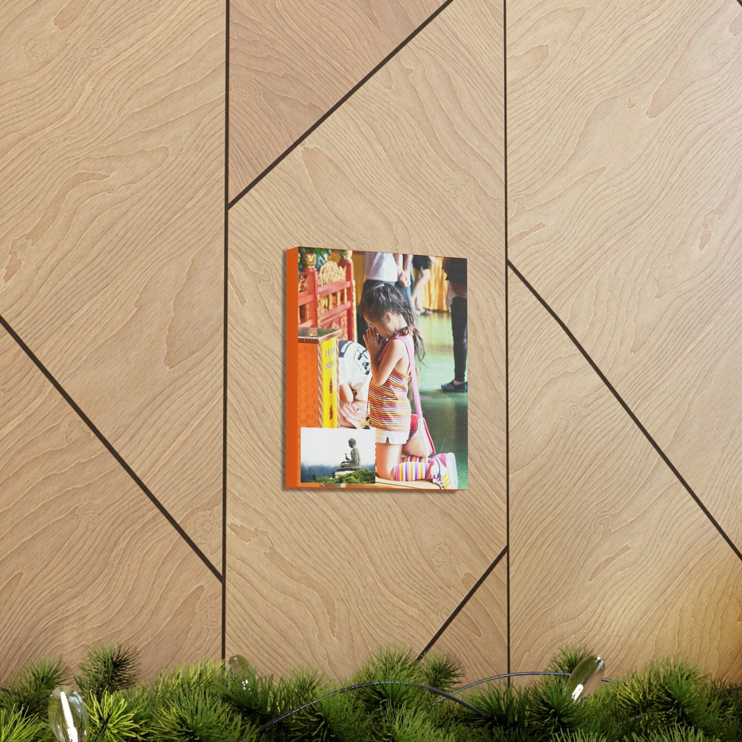 Printed in USA - Canvas Gallery Wraps - A little girl kneels for prayer at the Big Buddha complex in Hong Kong Lantau Island - Buddhism - Green Forest Home