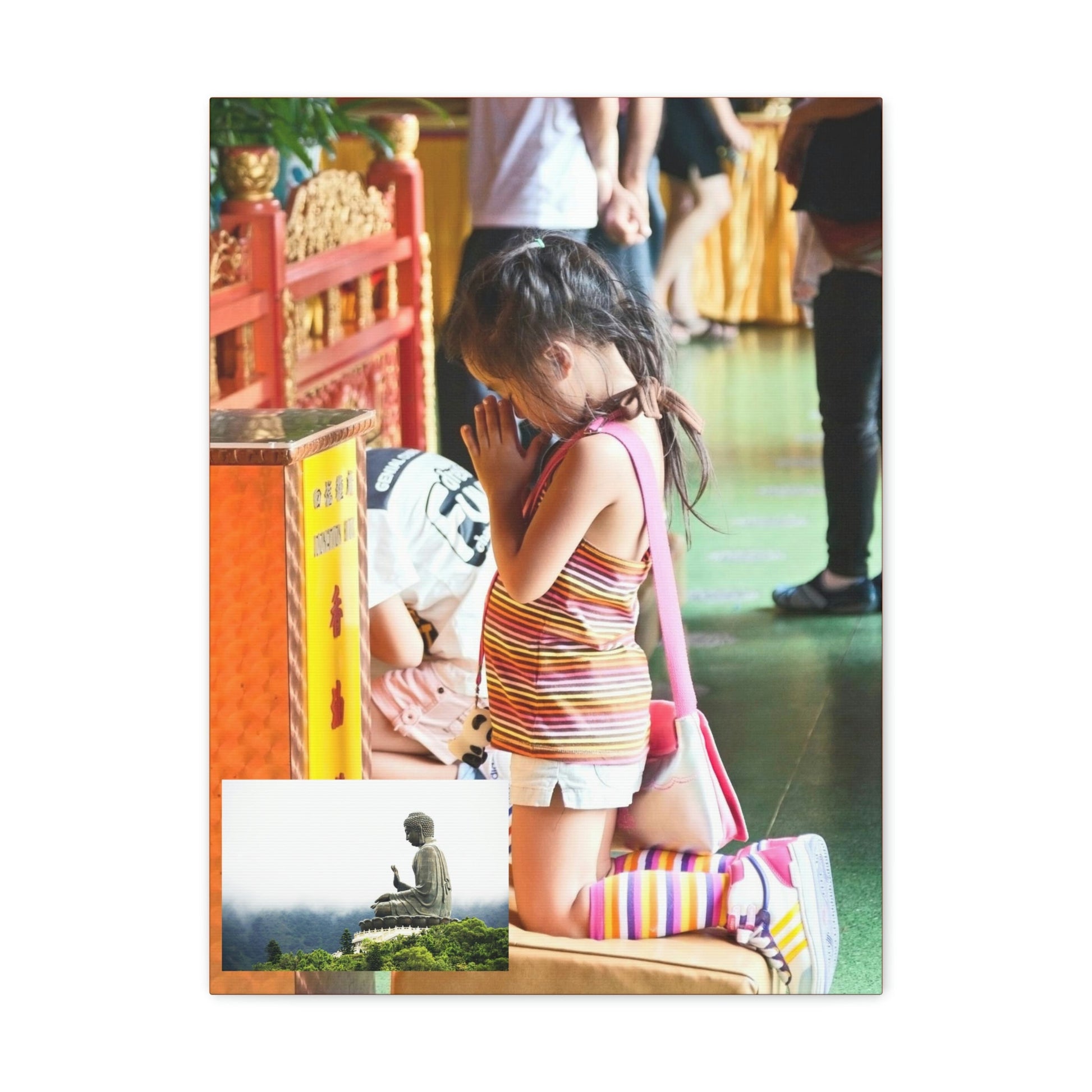 Printed in USA - Canvas Gallery Wraps - A little girl kneels for prayer at the Big Buddha complex in Hong Kong Lantau Island - Buddhism - Green Forest Home