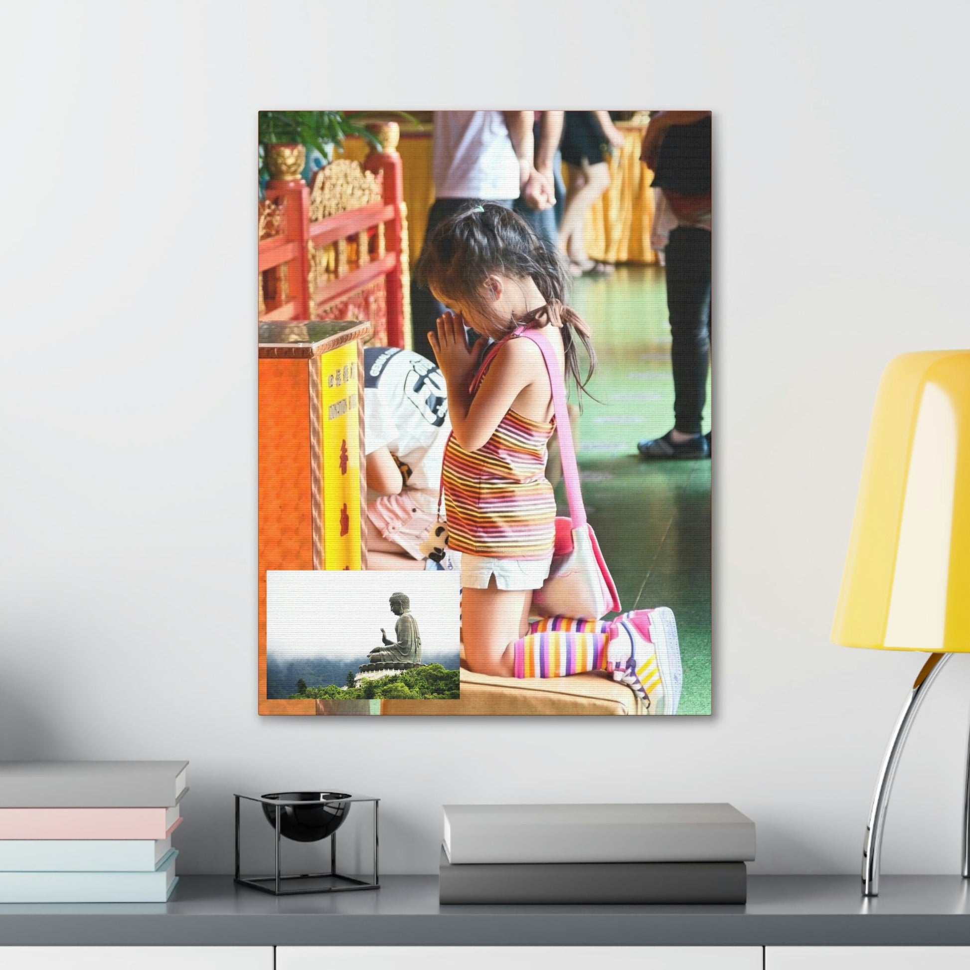 Printed in USA - Canvas Gallery Wraps - A little girl kneels for prayer at the Big Buddha complex in Hong Kong Lantau Island - Buddhism - Green Forest Home