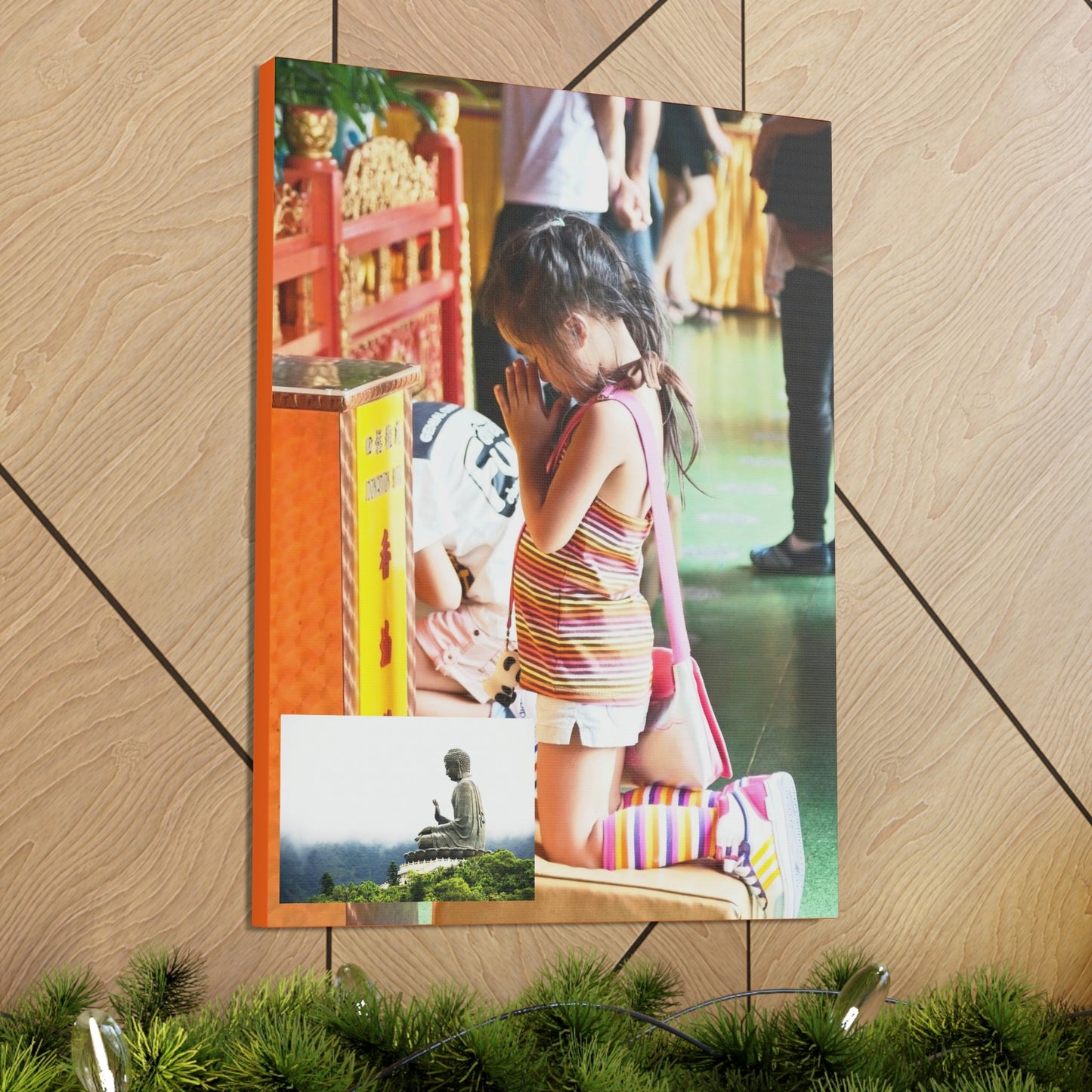 Printed in USA - Canvas Gallery Wraps - A little girl kneels for prayer at the Big Buddha complex in Hong Kong Lantau Island - Buddhism - Green Forest Home