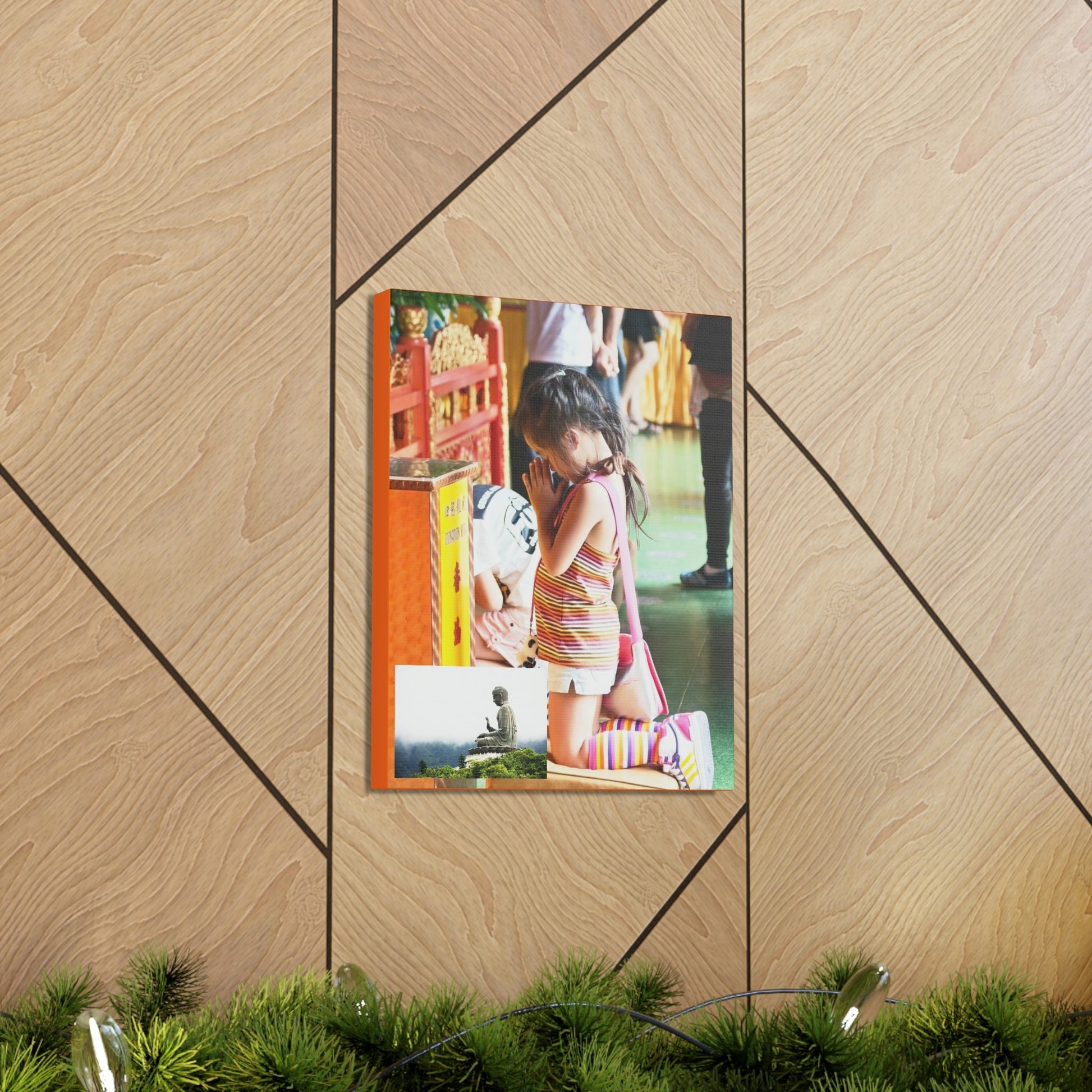 Printed in USA - Canvas Gallery Wraps - A little girl kneels for prayer at the Big Buddha complex in Hong Kong Lantau Island - Buddhism - Green Forest Home