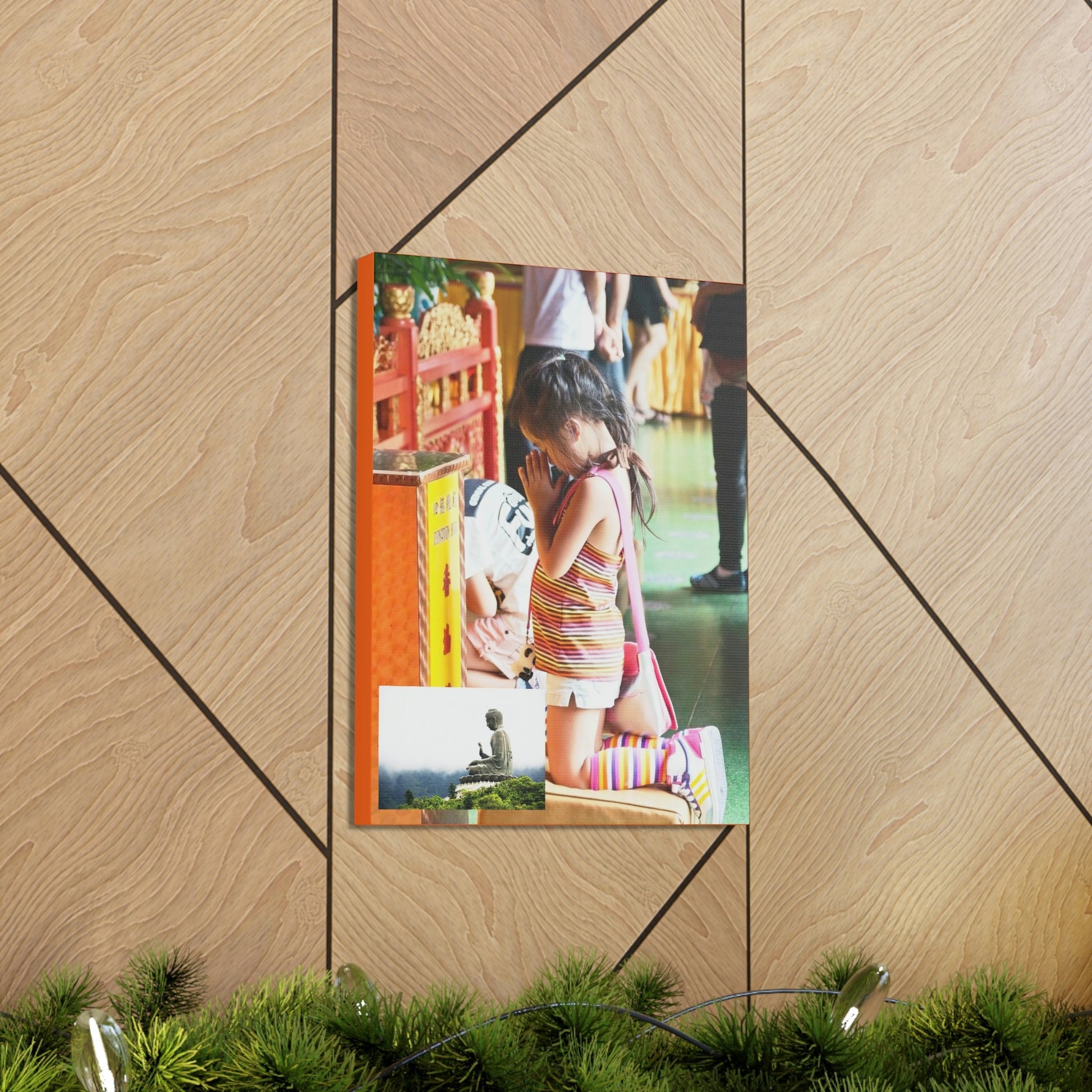 Printed in USA - Canvas Gallery Wraps - A little girl kneels for prayer at the Big Buddha complex in Hong Kong Lantau Island - Buddhism - Green Forest Home