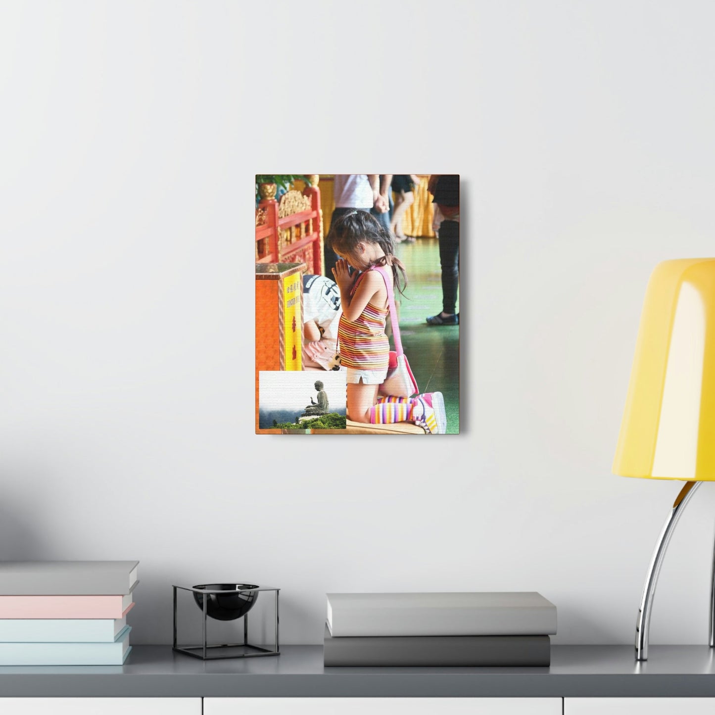 Printed in USA - Canvas Gallery Wraps - A little girl kneels for prayer at the Big Buddha complex in Hong Kong Lantau Island - Buddhism - Green Forest Home