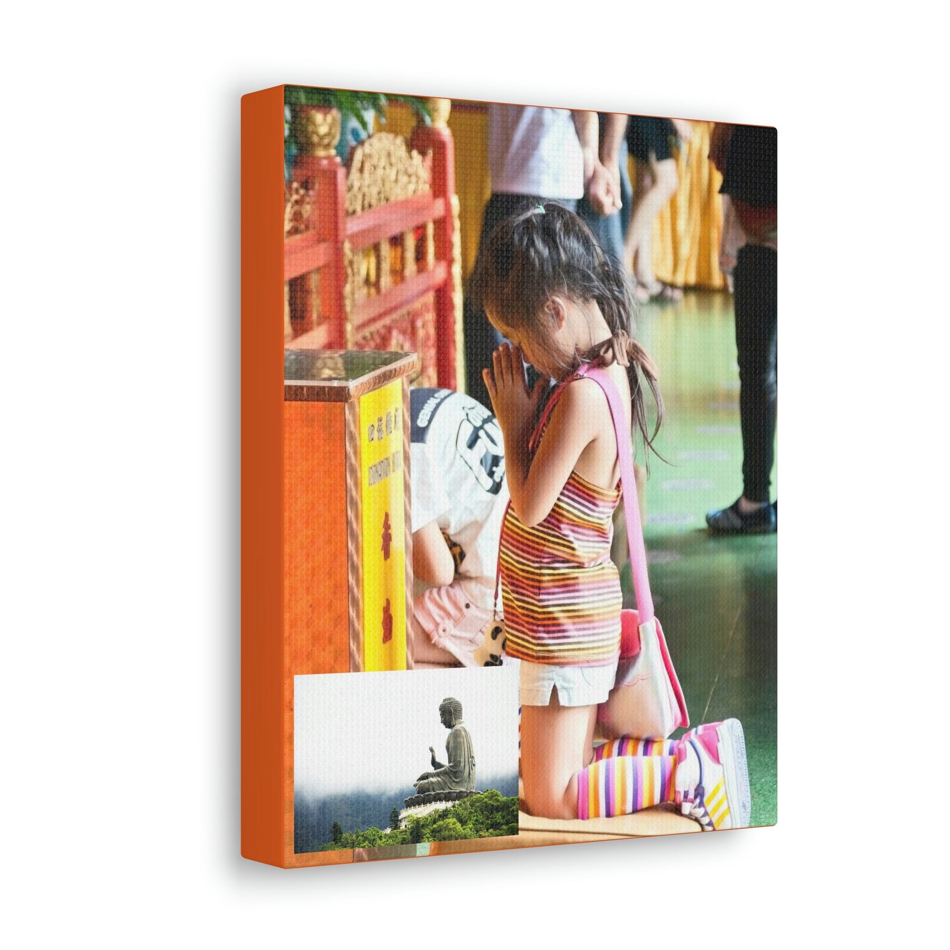 Printed in USA - Canvas Gallery Wraps - A little girl kneels for prayer at the Big Buddha complex in Hong Kong Lantau Island - Buddhism - Green Forest Home