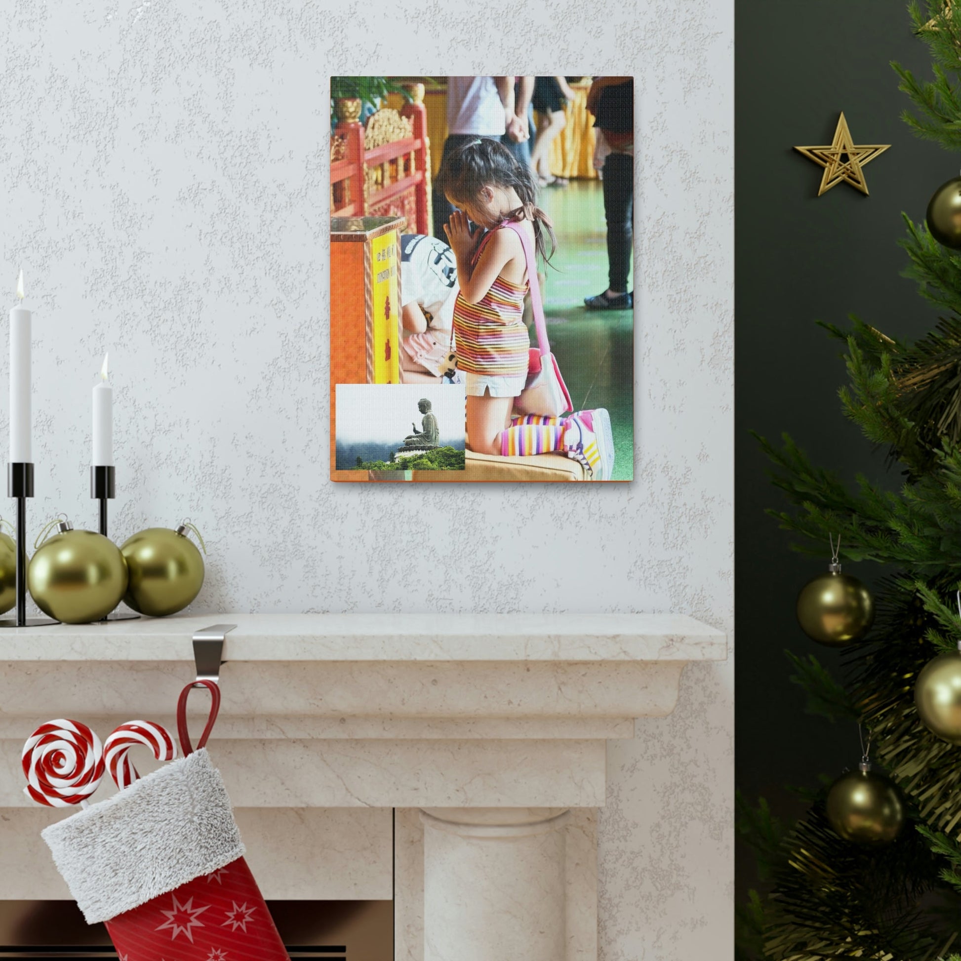 Printed in USA - Canvas Gallery Wraps - A little girl kneels for prayer at the Big Buddha complex in Hong Kong Lantau Island - Buddhism - Green Forest Home