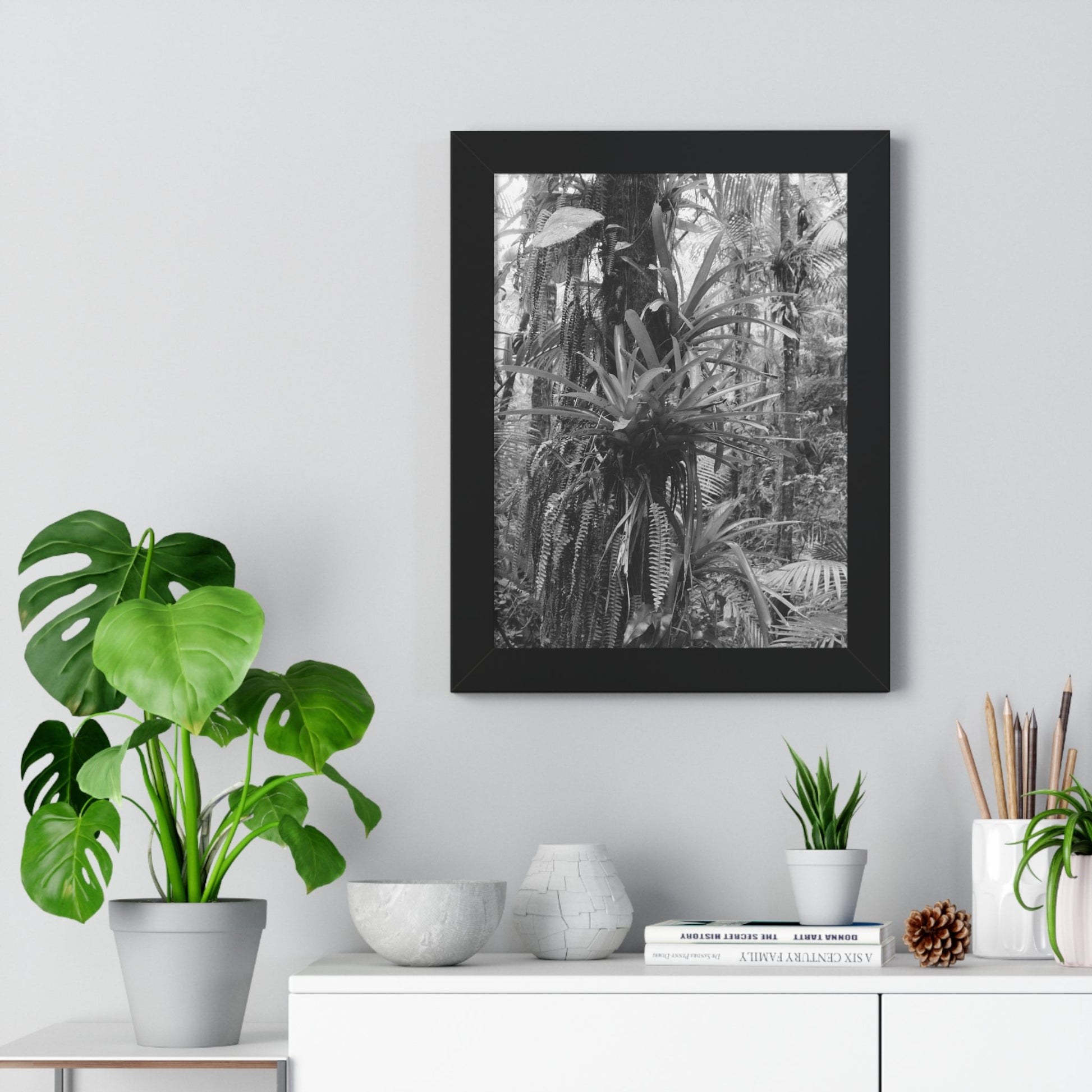 Rainforest Trails & Views - Gallery Canvas Wraps, Framed Vertical Poster - El Yunque National Forest - Puerto Rico - Bromeliads on Sierra Palm tree - Green Forest Home