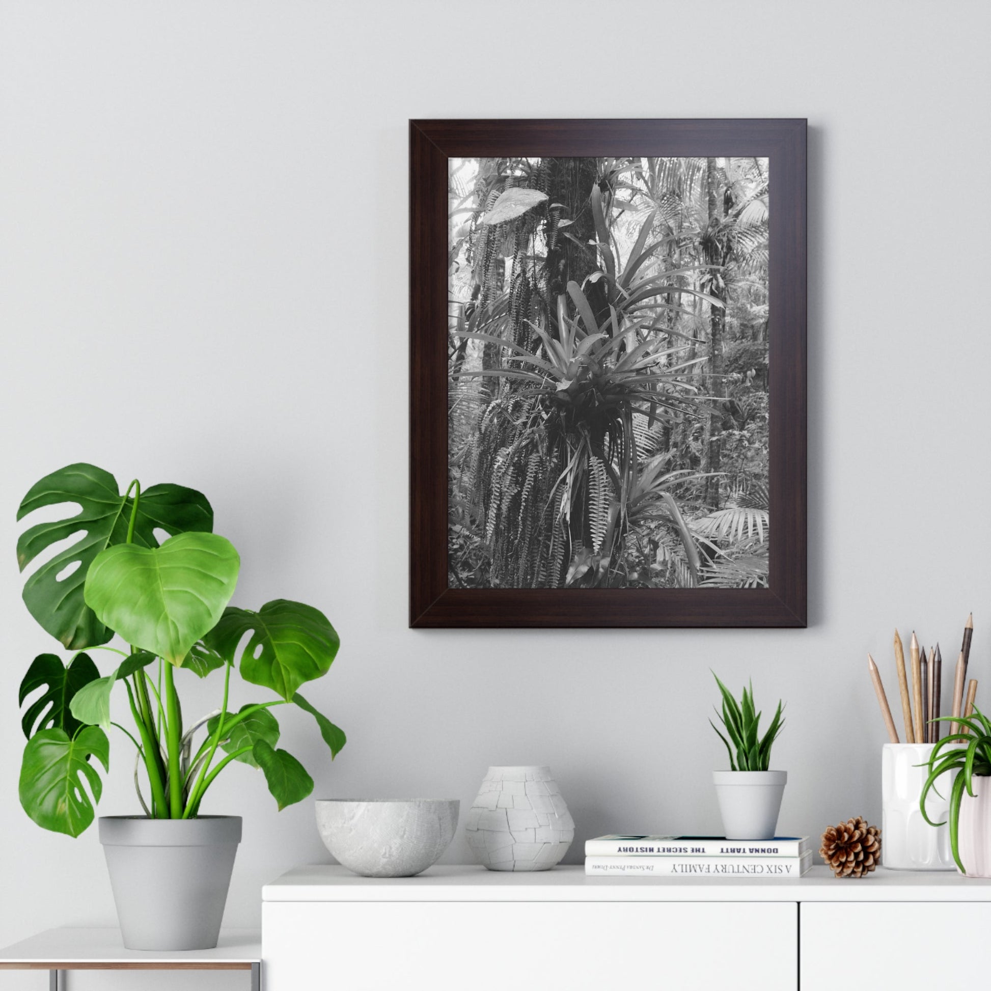 Rainforest Trails & Views - Gallery Canvas Wraps, Framed Vertical Poster - El Yunque National Forest - Puerto Rico - Bromeliads on Sierra Palm tree - Green Forest Home