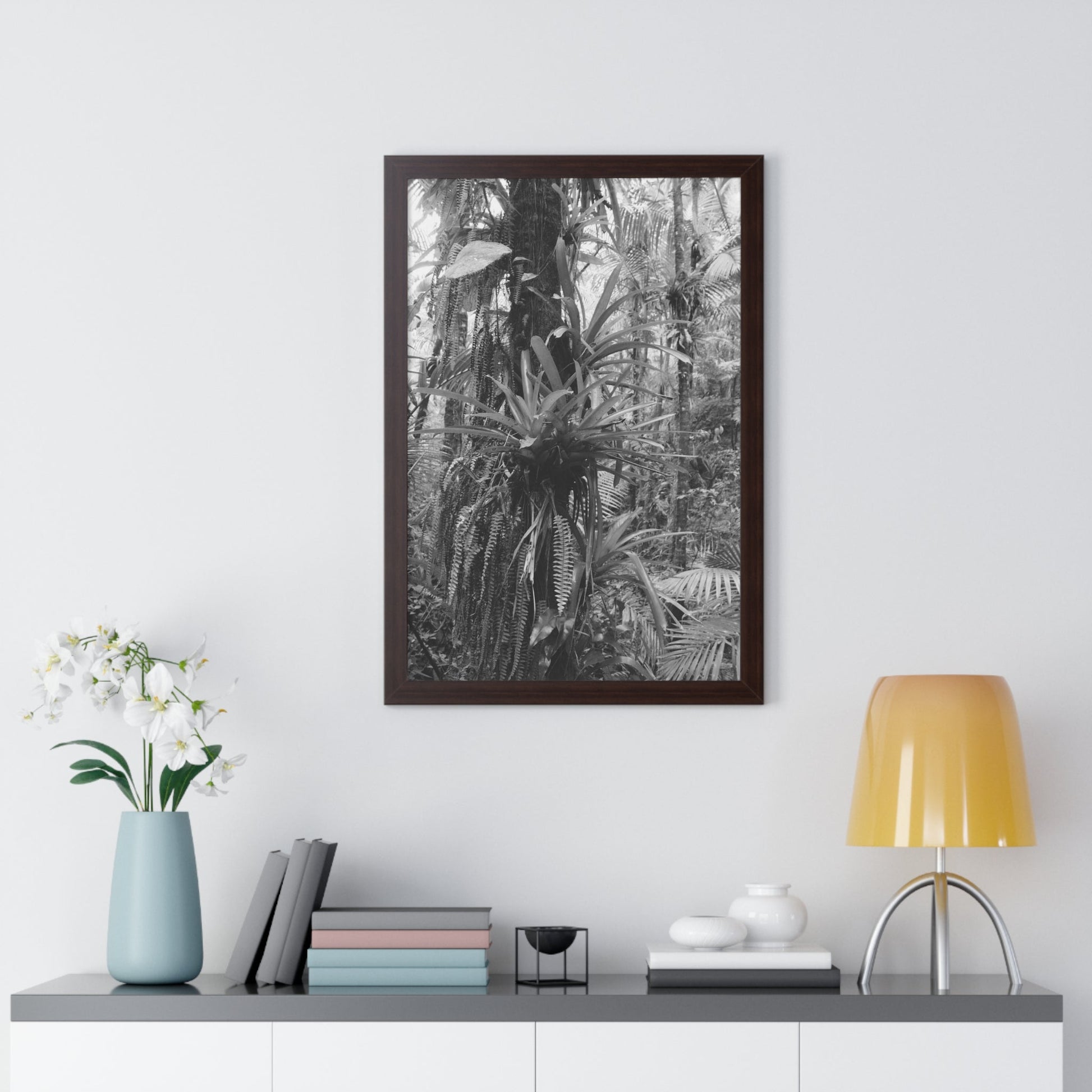 Rainforest Trails & Views - Gallery Canvas Wraps, Framed Vertical Poster - El Yunque National Forest - Puerto Rico - Bromeliads on Sierra Palm tree - Green Forest Home