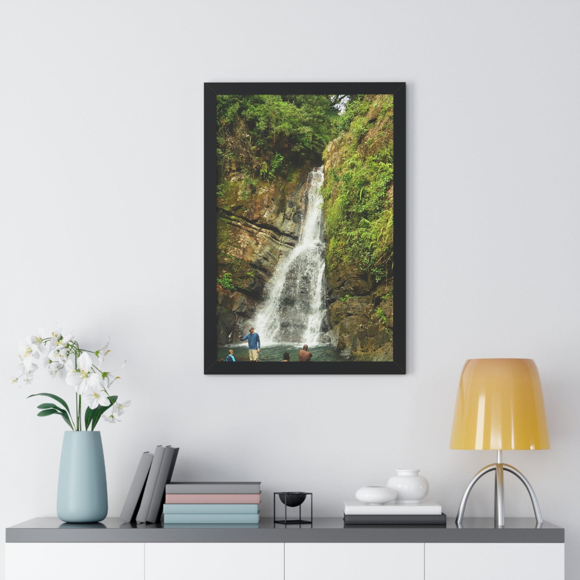 Rainforest Trails & Views - Gallery Canvas Wraps, Framed Vertical Poster - El Yunque National Forest - Puerto Rico - La Mina Trail & Roaring Waterfall - Green Forest Home