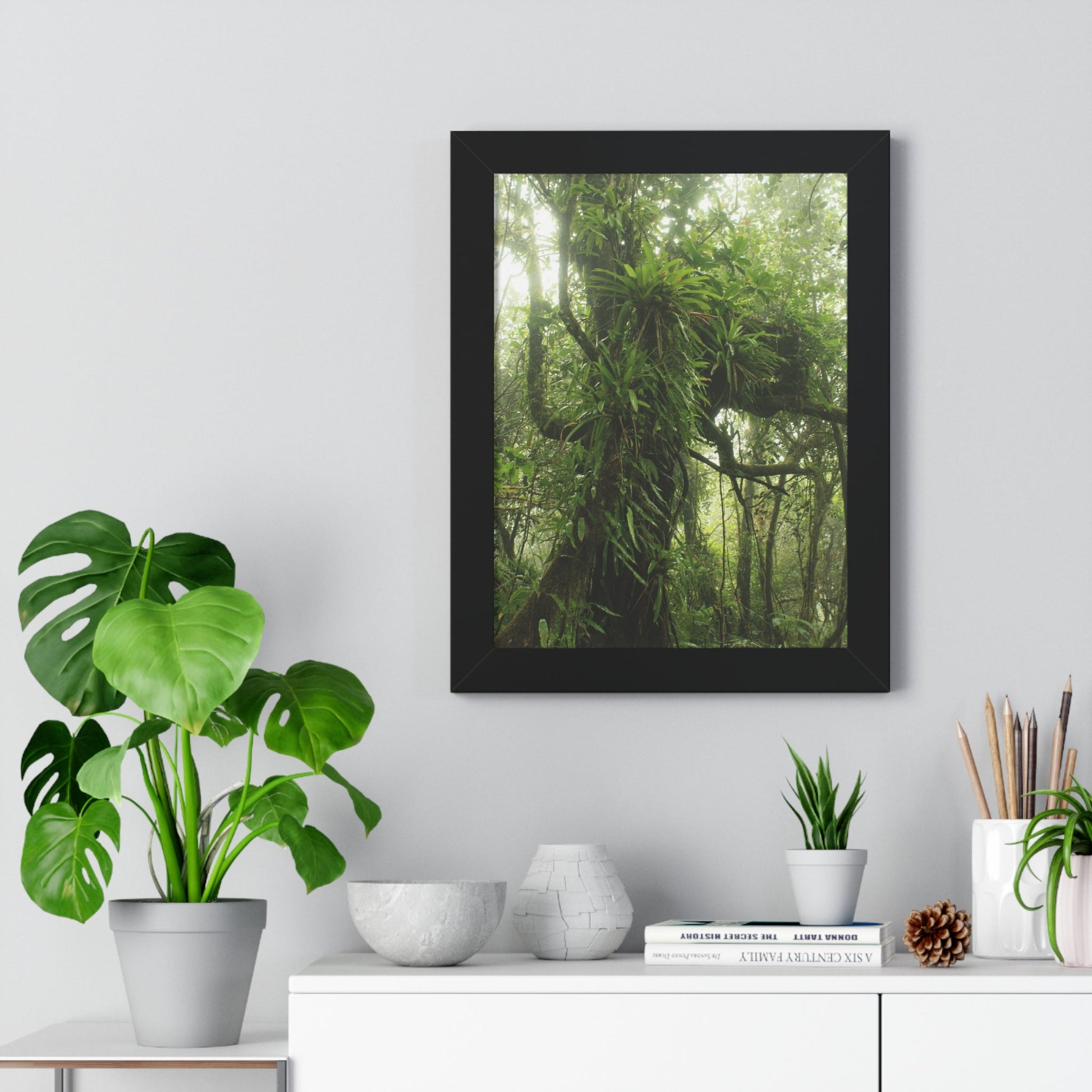 Rainforest Trails & Views - Gallery Canvas Wraps, Framed Vertical Poster - El Yunque National Forest - Puerto Rico - Near the end of Tradewinds Trail a Huge Tree with Bromeliads - Green Forest Home